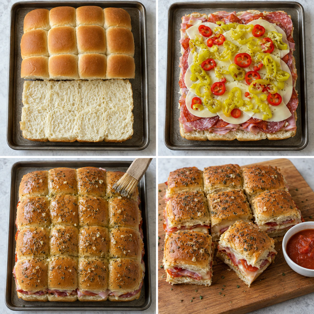 Four chronological preparation stages for Hot Party Sandwich Platter