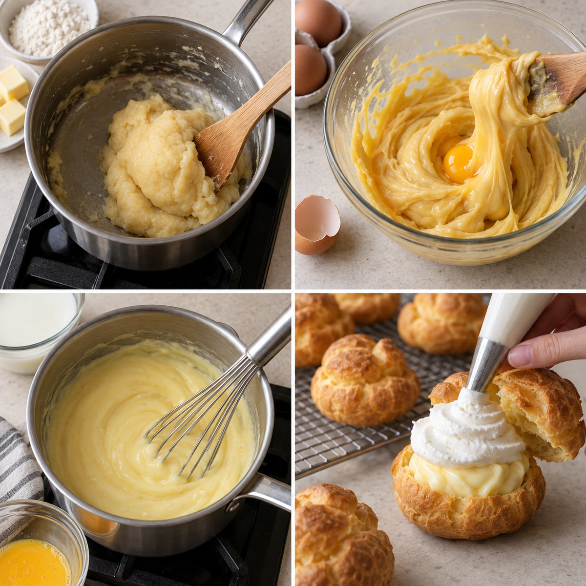Four chronological preparation stages for Family Famous Cream Puffs