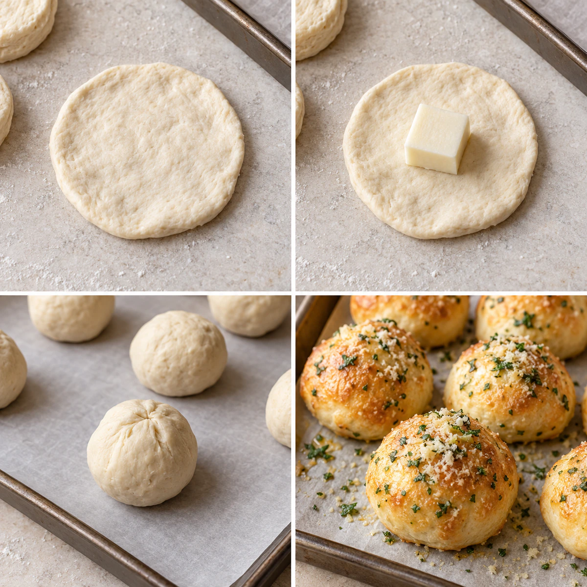 Four chronological preparation stages for Cheesy Garlic Biscuit Bites