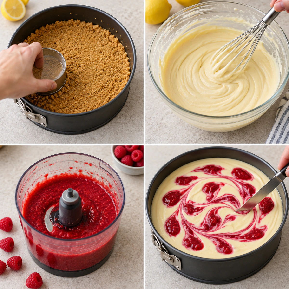 Four chronological preparation stages for Sweet Tangy Cheesecake Delight