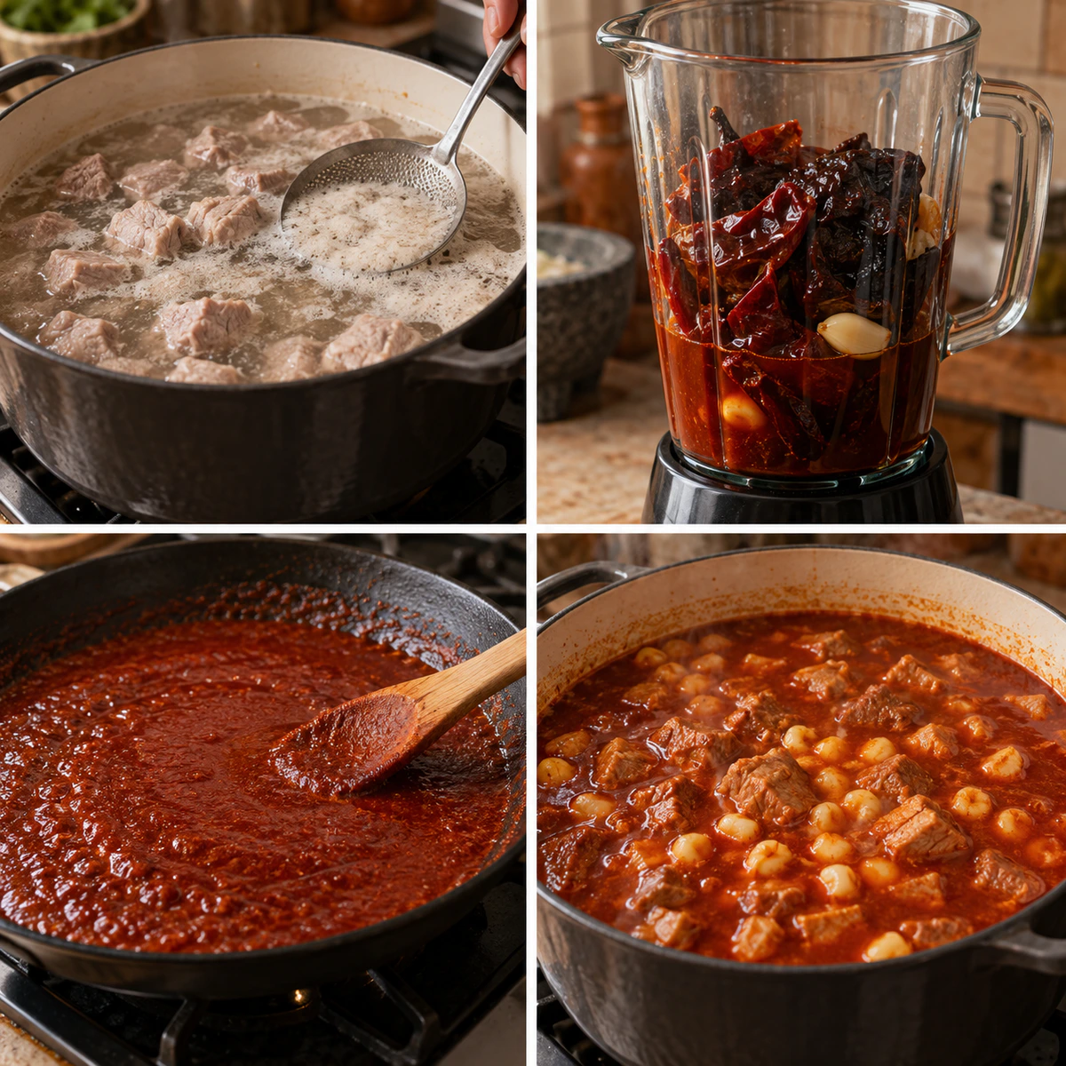 Four chronological preparation stages for Hearty Mexican Soup