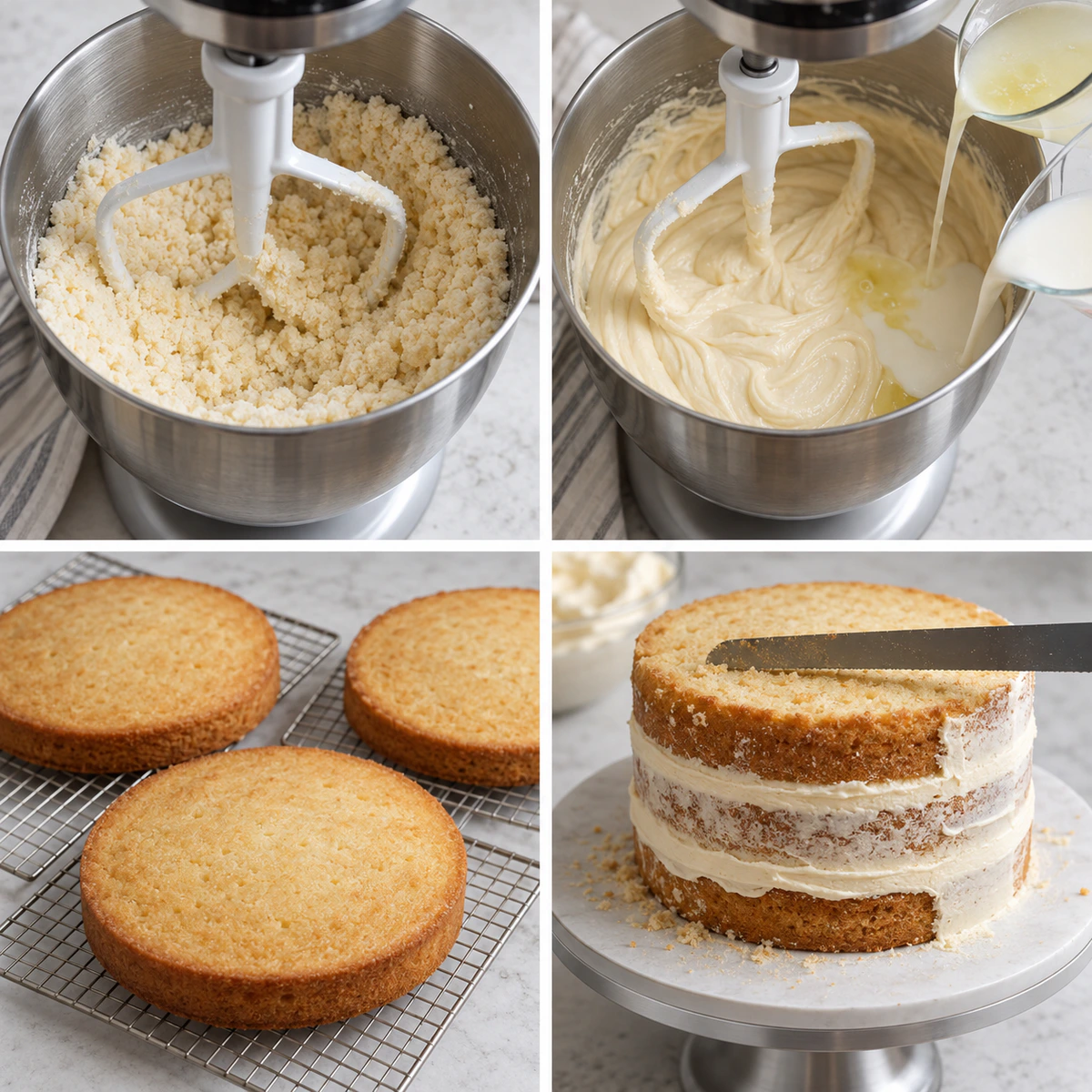 Four chronological preparation stages for Perfect Party Cake