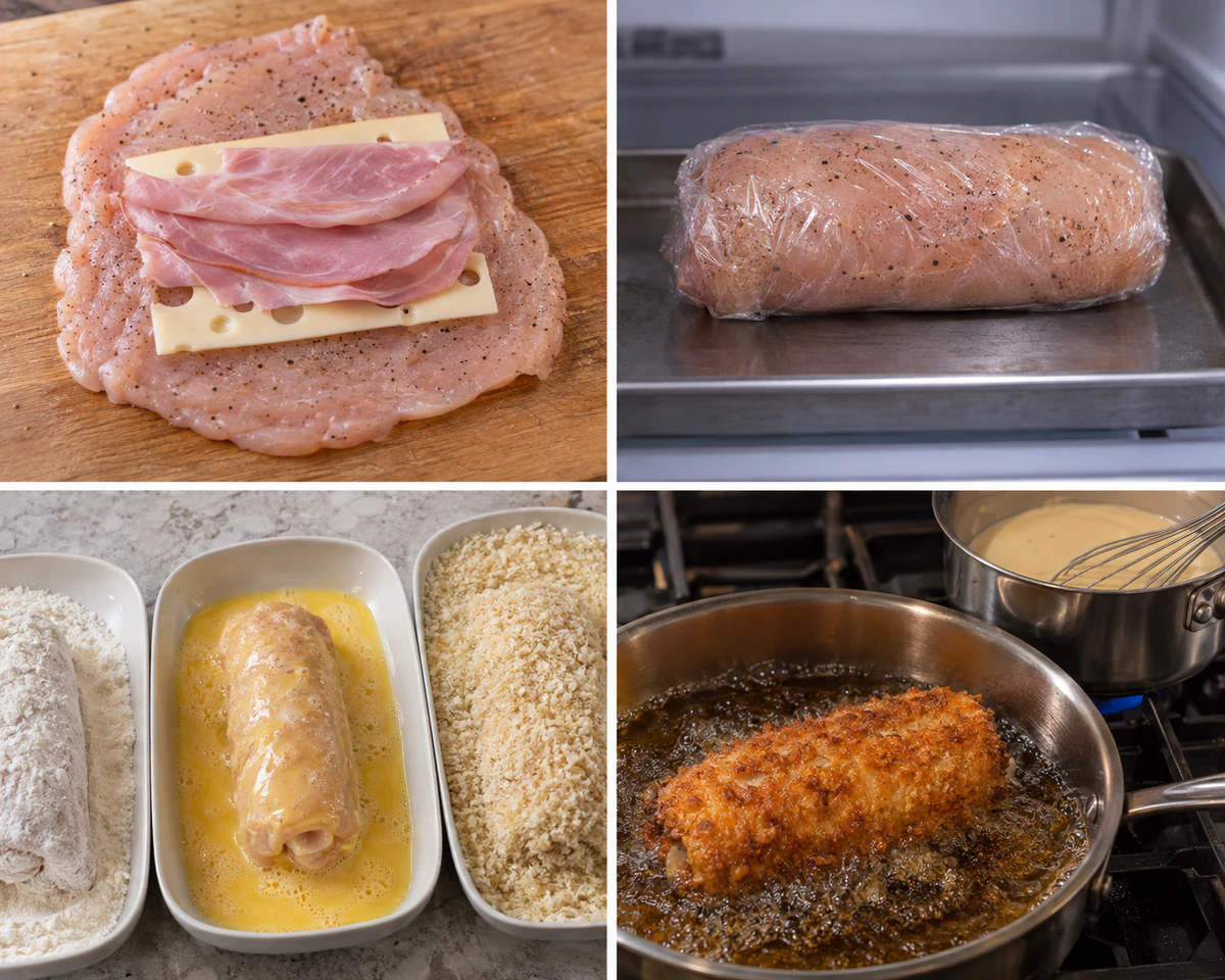 Four chronological preparation stages for Stuffed Breaded Chicken