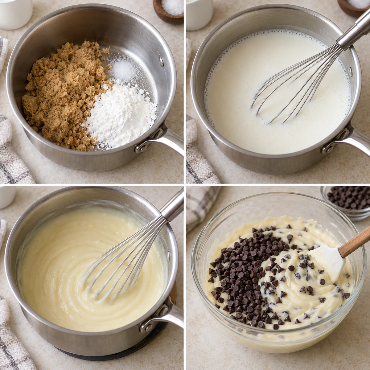 Four chronological preparation stages for Easy Homemade Cookie Dough Pudding Recipe That Tastes Like Real Cookie Dough