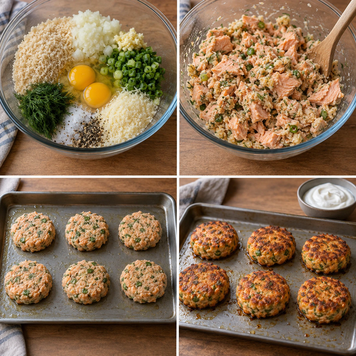 Four chronological preparation stages for Easy Baked Fish Cakes