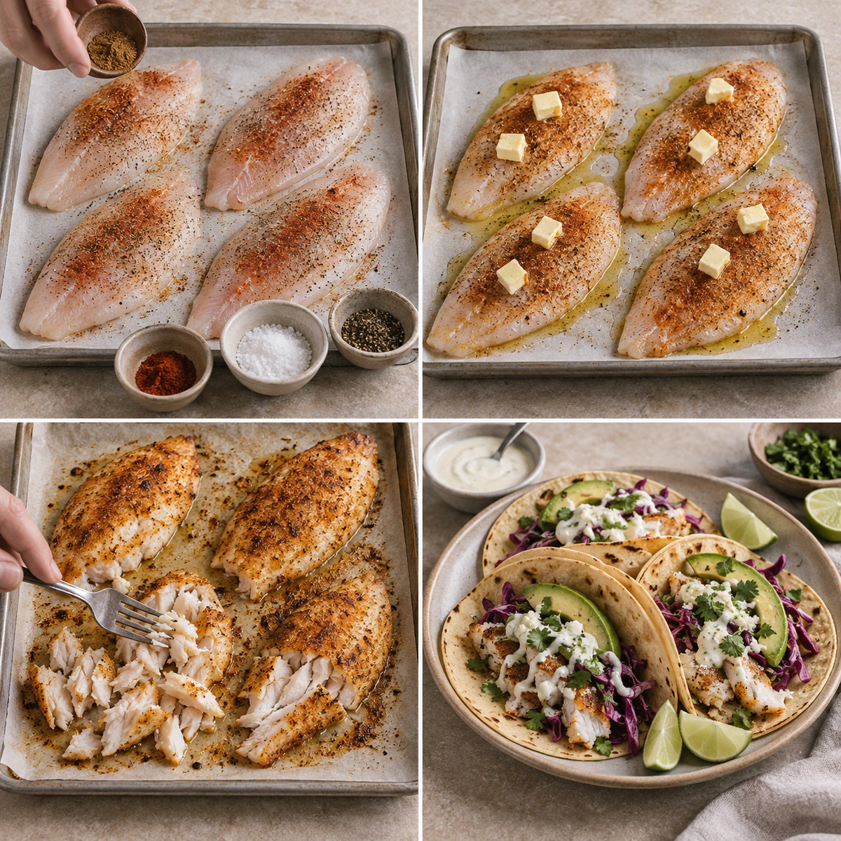Four chronological preparation stages for Perfect Fish Taco Night
