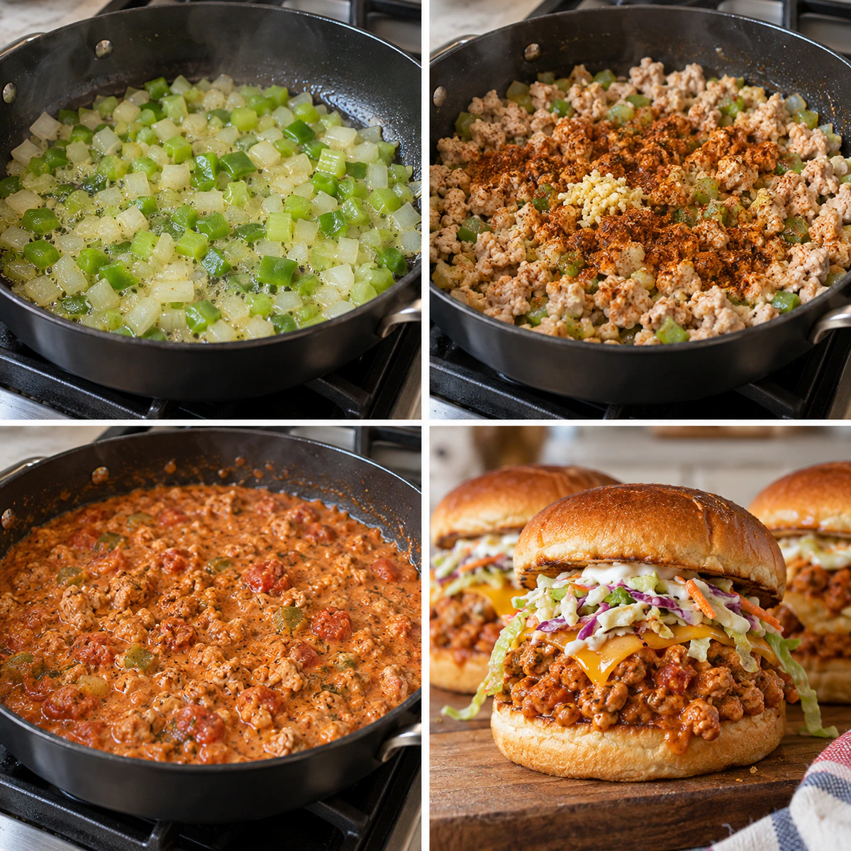 Four chronological preparation stages for Easy Cajun Chicken Sloppy Joes: A 30-Minute Family Dinner