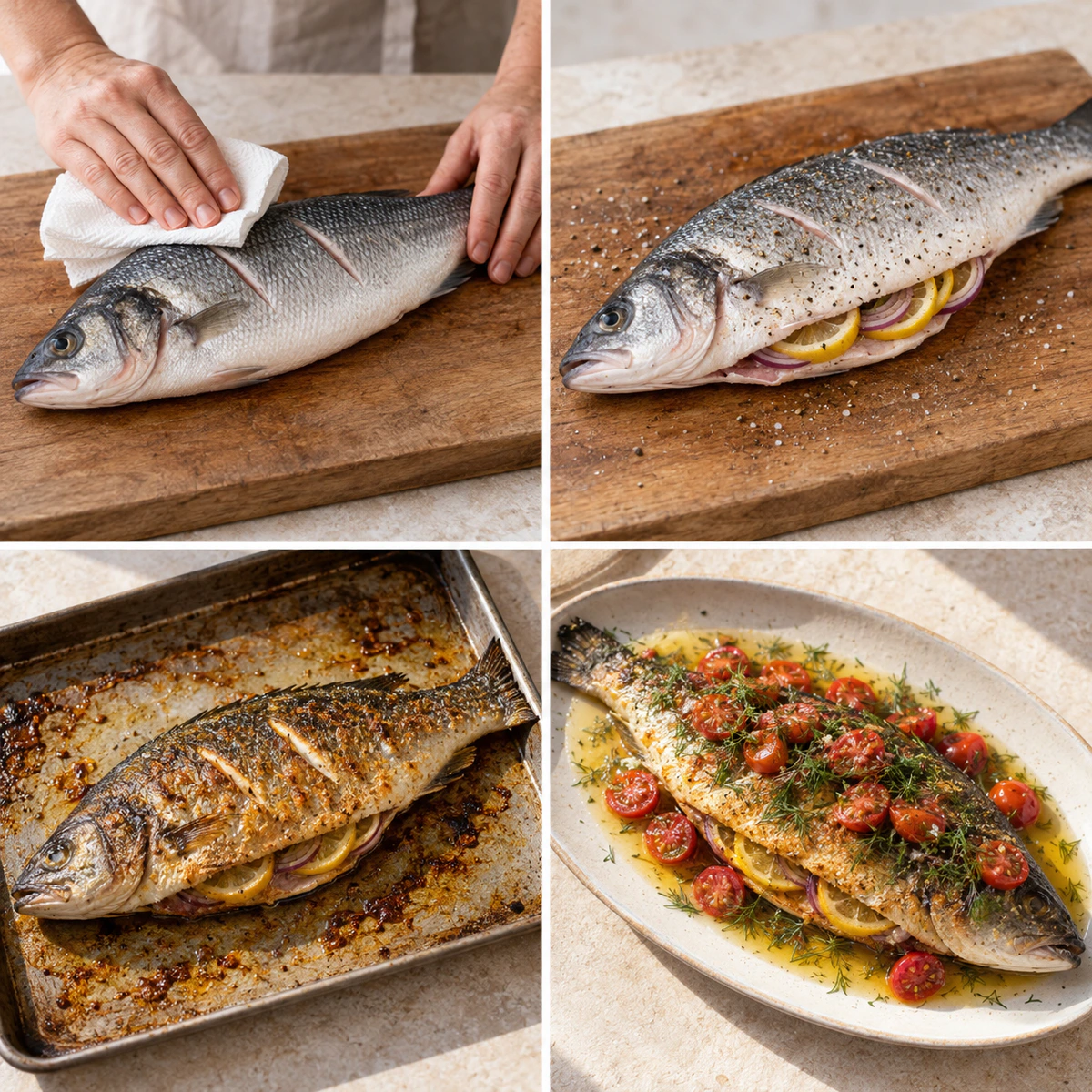 Four chronological preparation stages for Easy Mediterranean Fish
