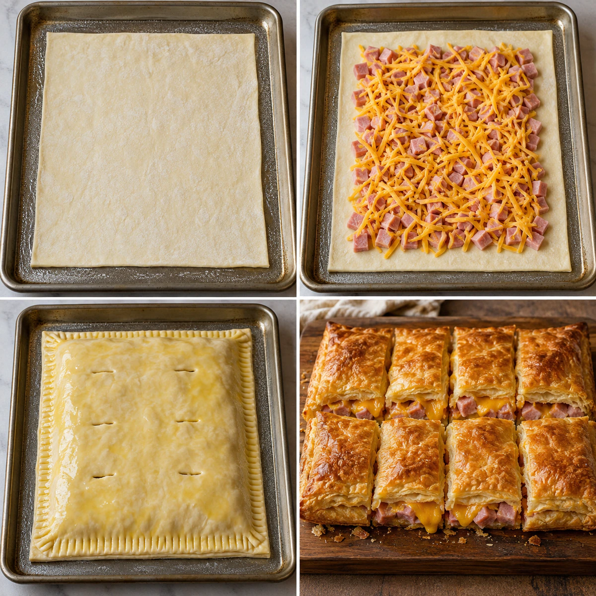 Four chronological preparation stages for Easy Cheese Ham Pastry