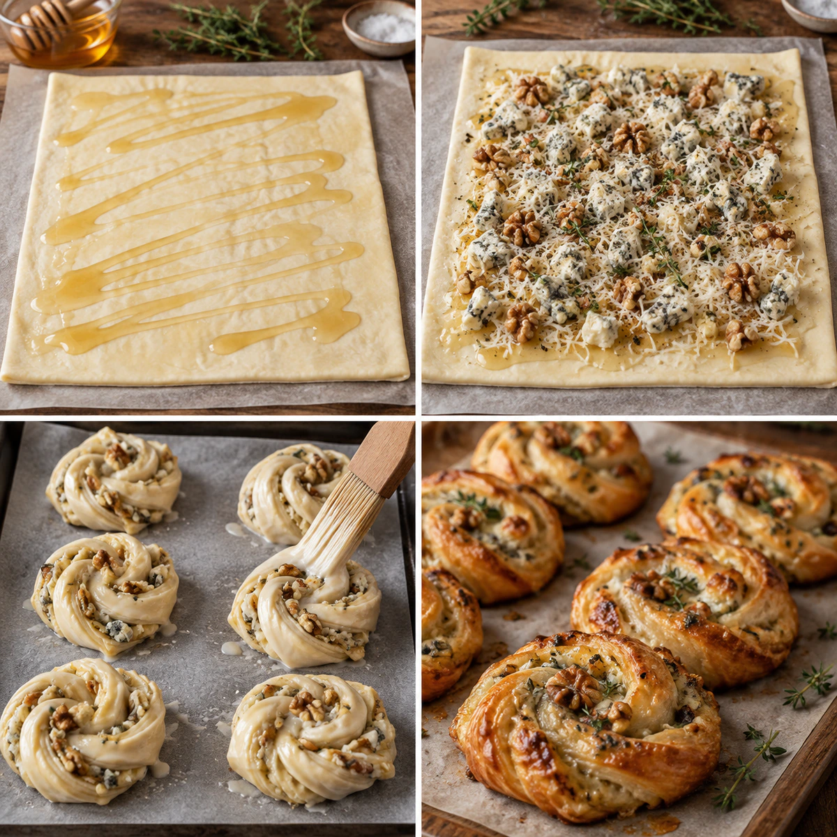 Four chronological preparation stages for Savory Cheese Pastry Coils