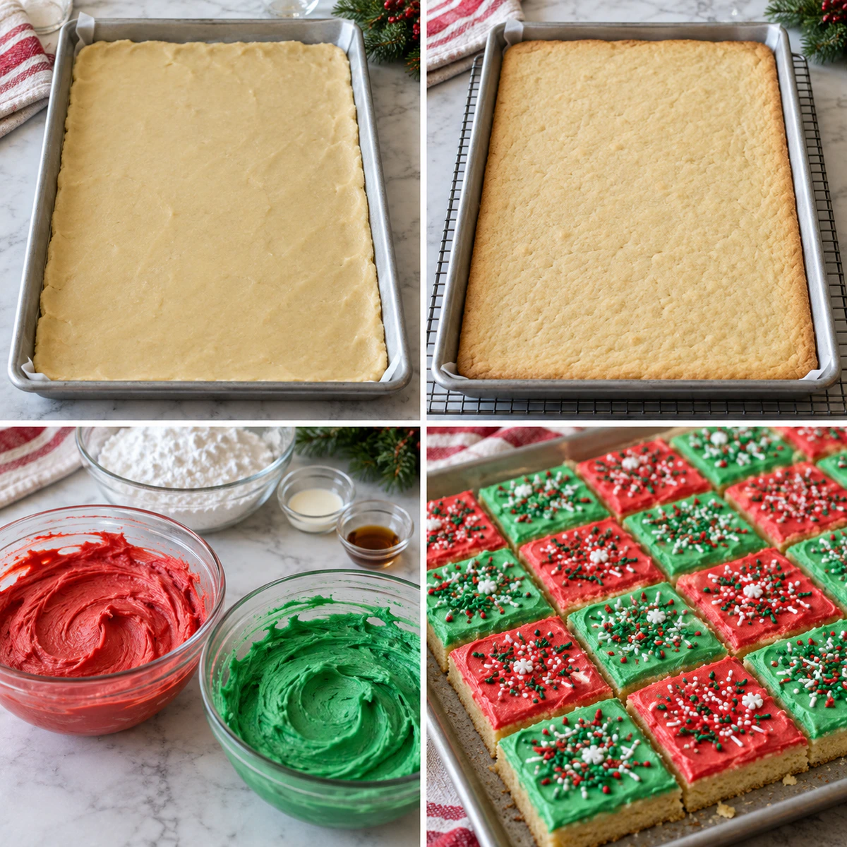 Four chronological preparation stages for Easy Sheet Pan Cookies