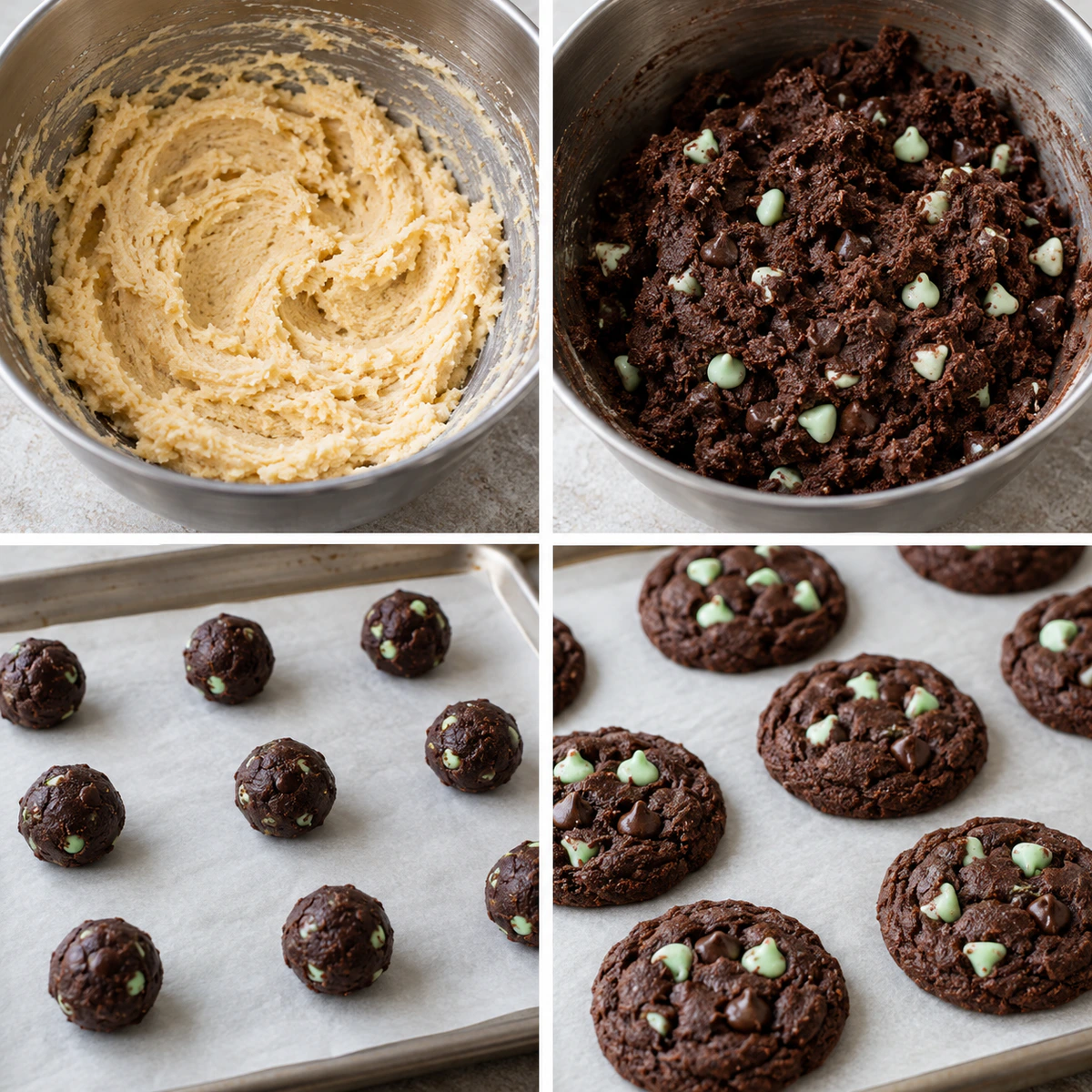 Four chronological preparation stages for Dark Chocolate Mint Cookies