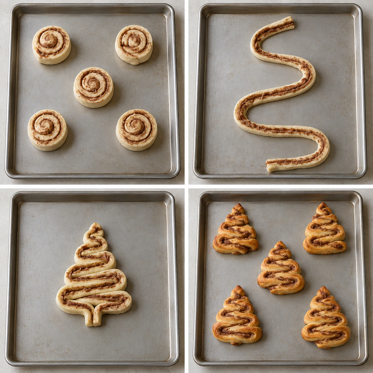 Four chronological preparation stages for Tree Shaped Sweet Rolls