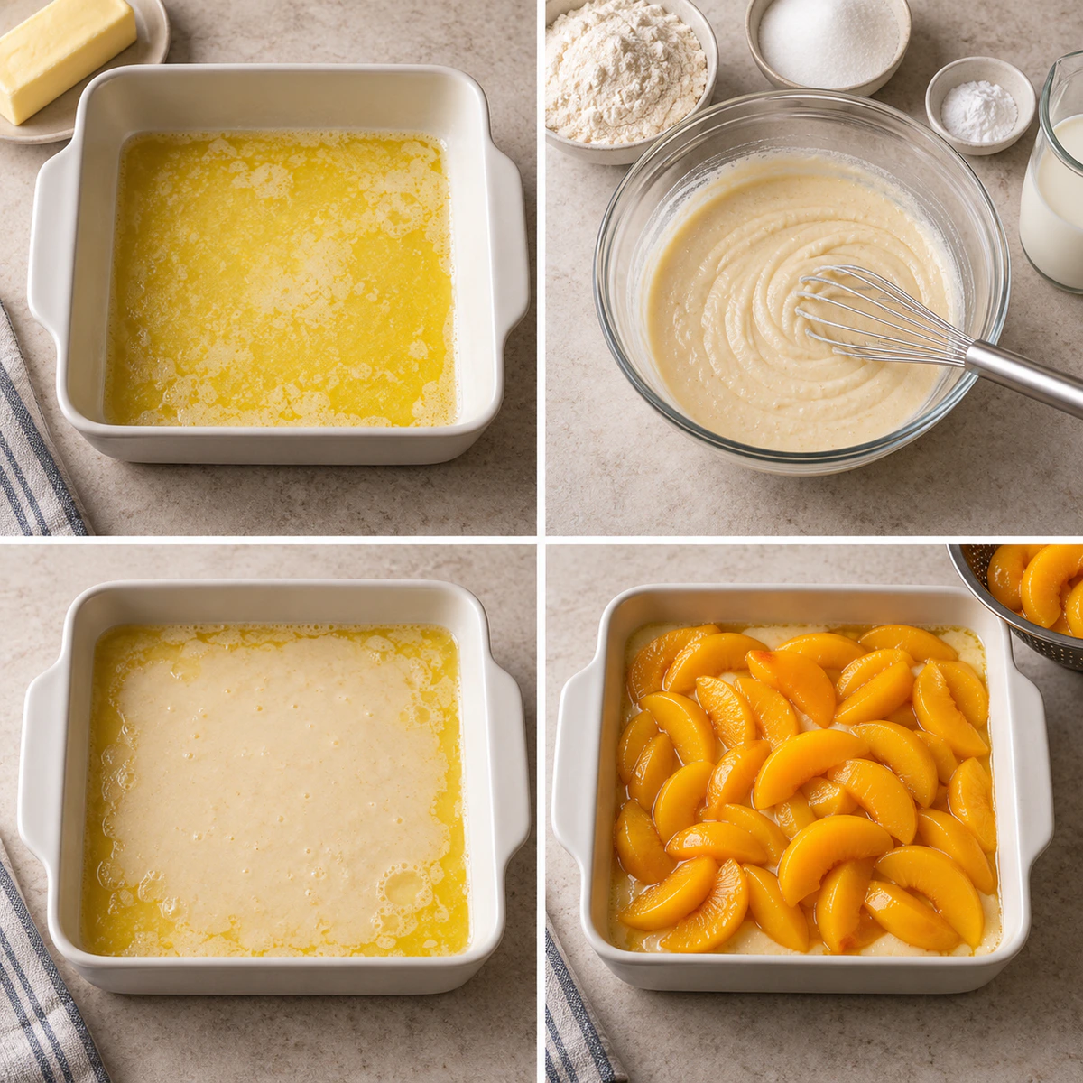 Four chronological preparation stages for Quick Peach Dessert
