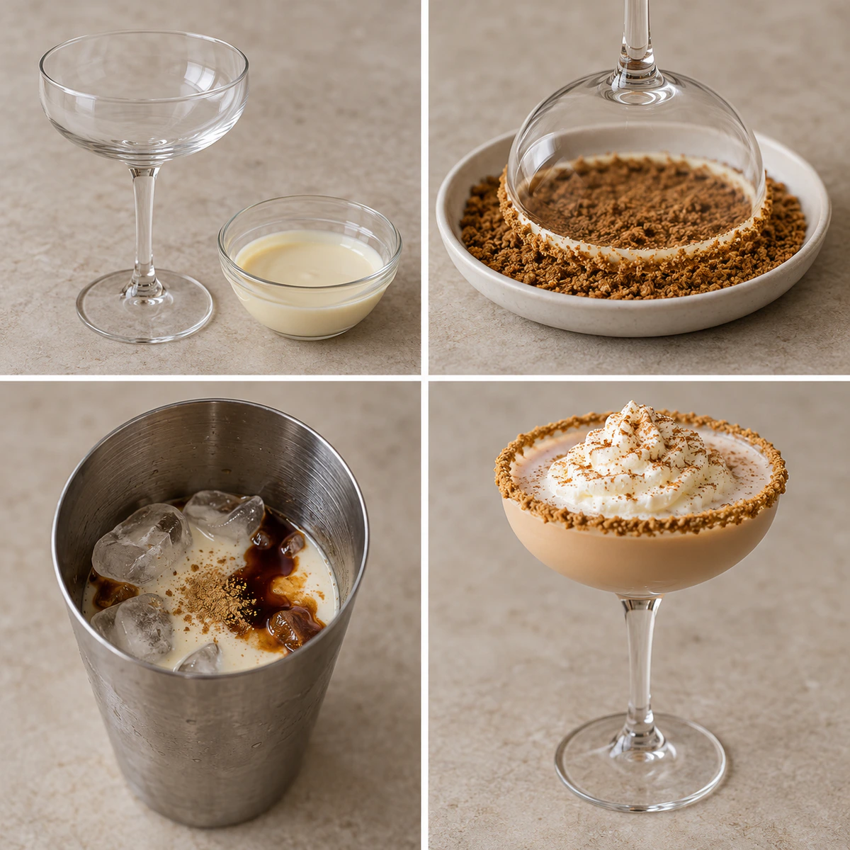 Four chronological preparation stages for Creamy Holiday Cocktail