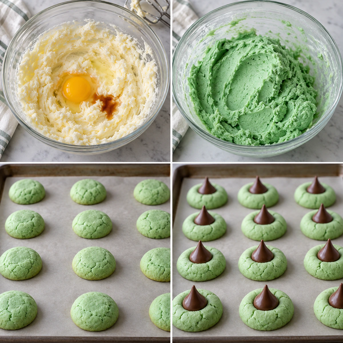 Four chronological preparation stages for Green Mint Chocolate Cookies