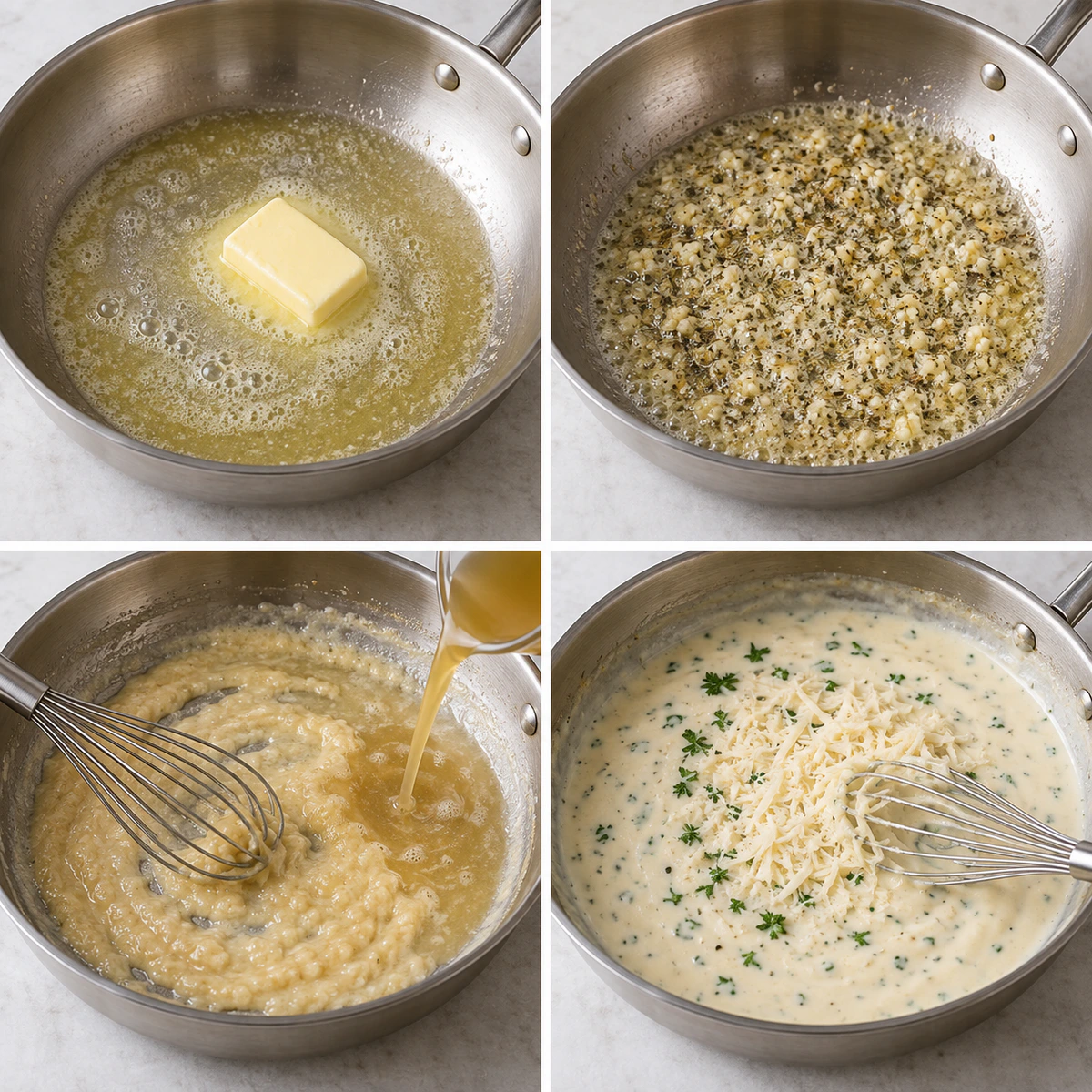 Four chronological preparation stages for Dreamy Garlic Parmesan Magic