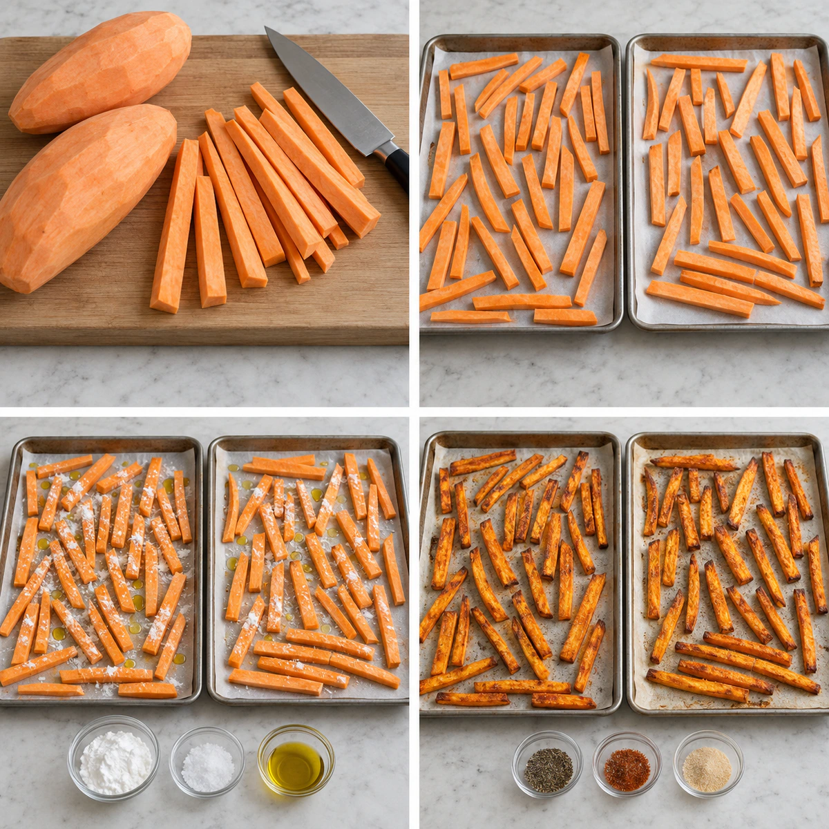Four chronological preparation stages for Perfect Crispy Baked Fries