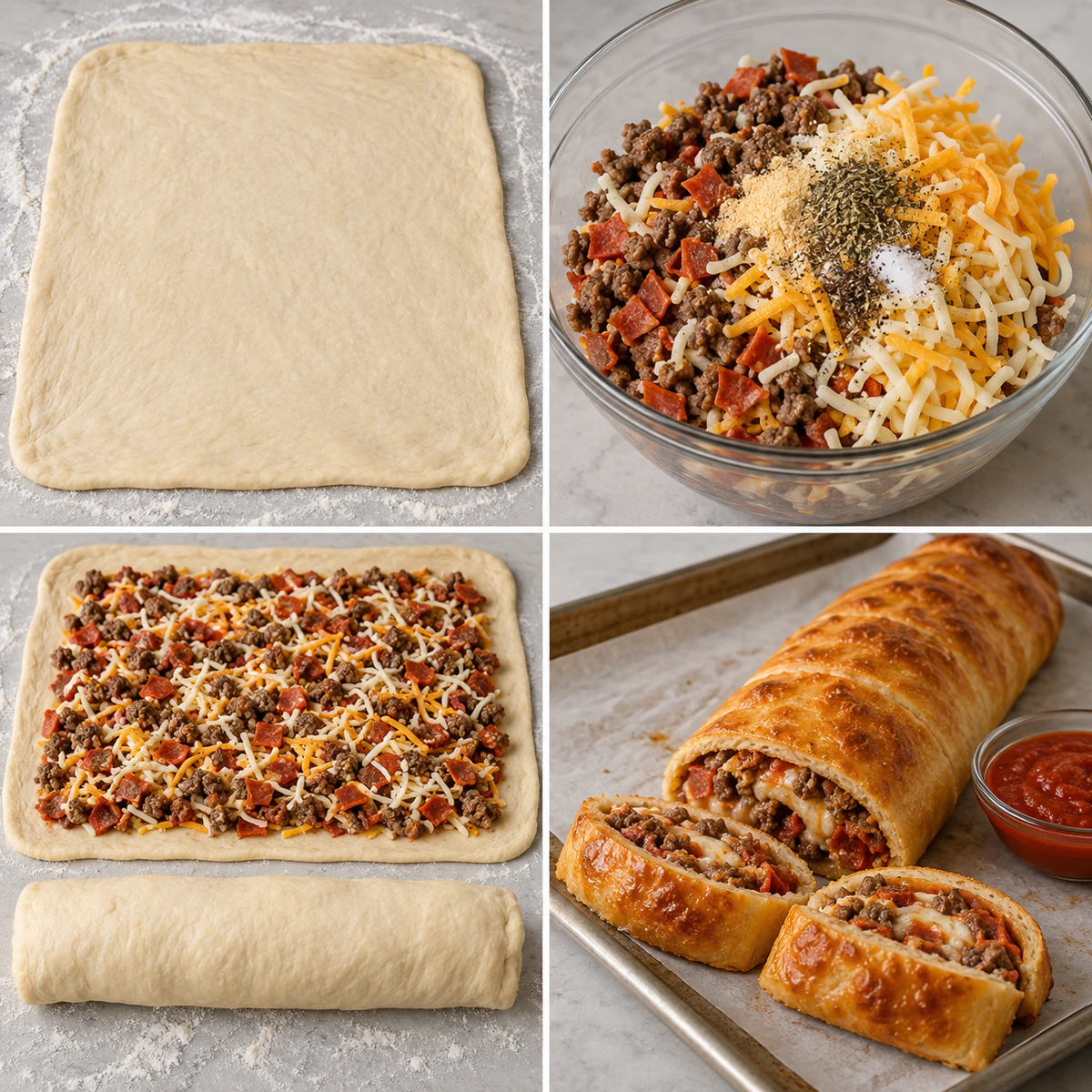 Four chronological preparation stages for Stuffed Pizza Roll
