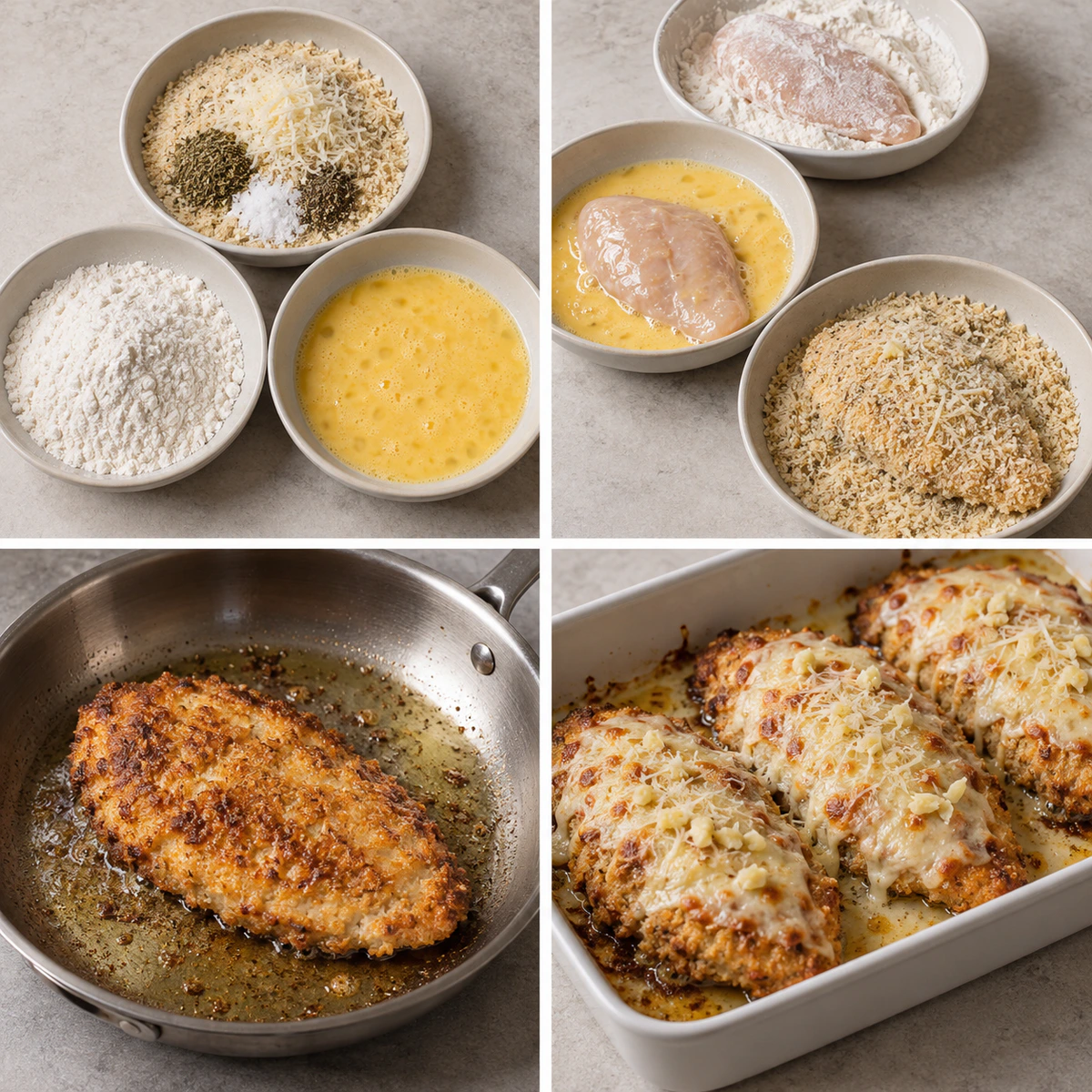 Four chronological preparation stages for Crispy Parmesan Chicken Just Like Longhorn Steakhouse