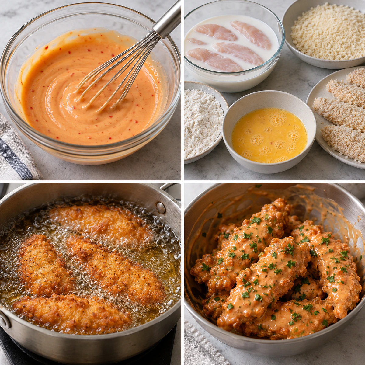 Four chronological preparation stages for Crispy Spicy Chicken Strips