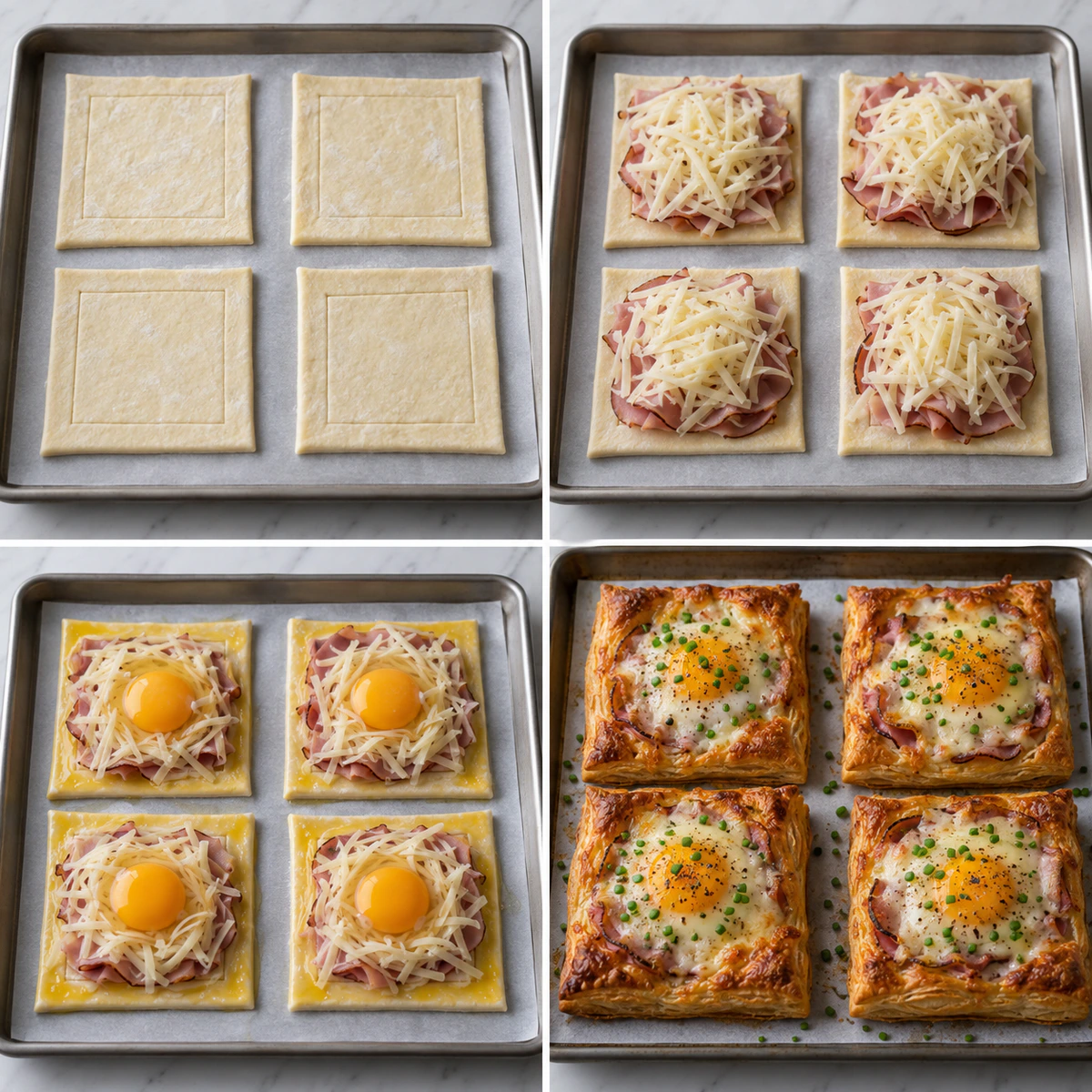 Four chronological preparation stages for Easy Breakfast Pastry Eggs