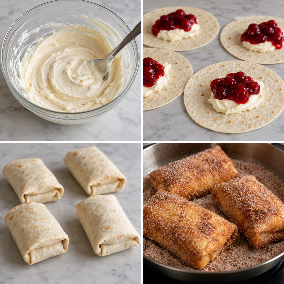 Four chronological preparation stages for Sweet Fried Cherry Cheesecake