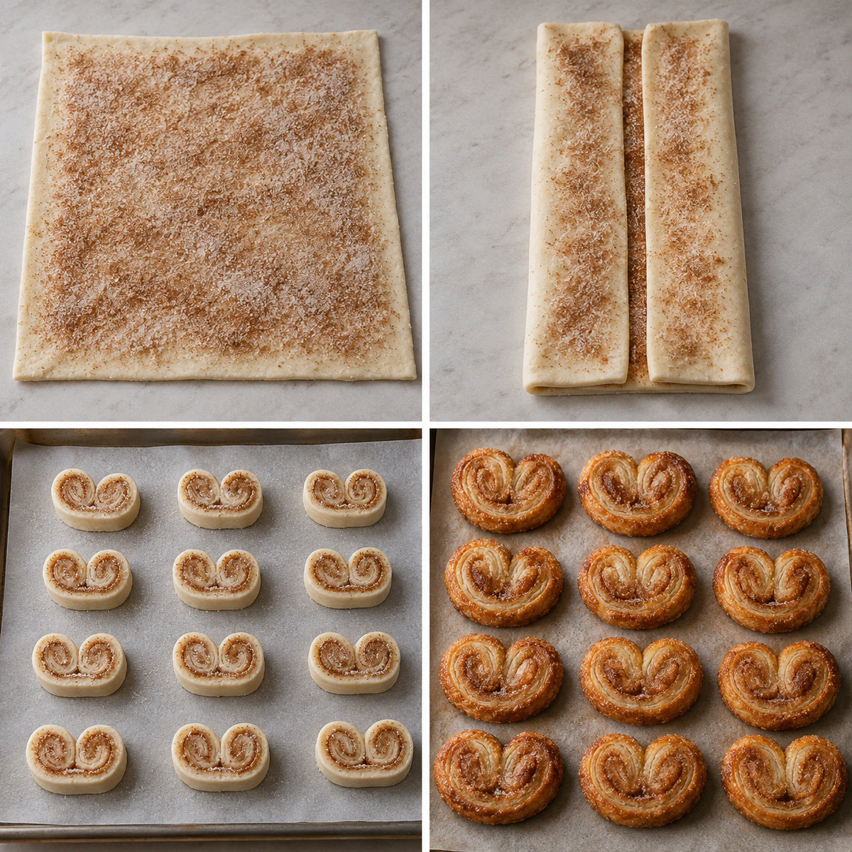 Four chronological preparation stages for Sweet Crunchy Sugar Cookies