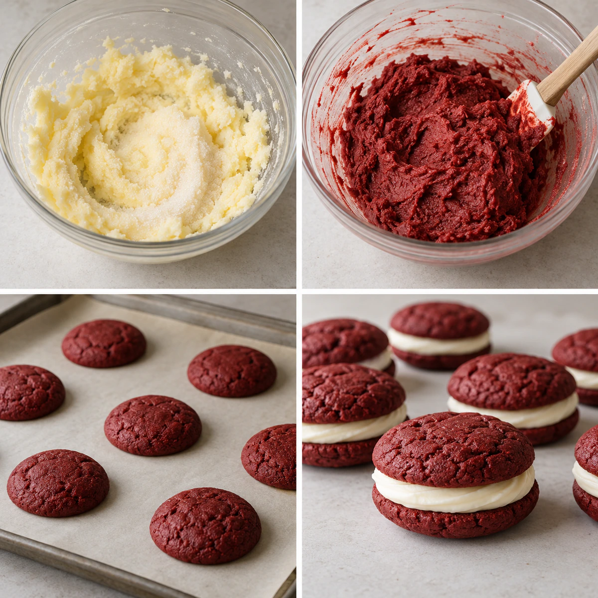 Four chronological preparation stages for Cream Cheese Stuffed Cookies