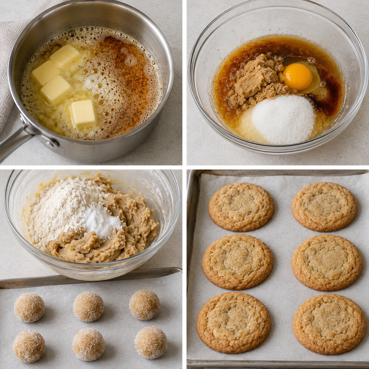 Four chronological preparation stages for Chewy Brown Butter Sugar Cookies with Crispy Edges