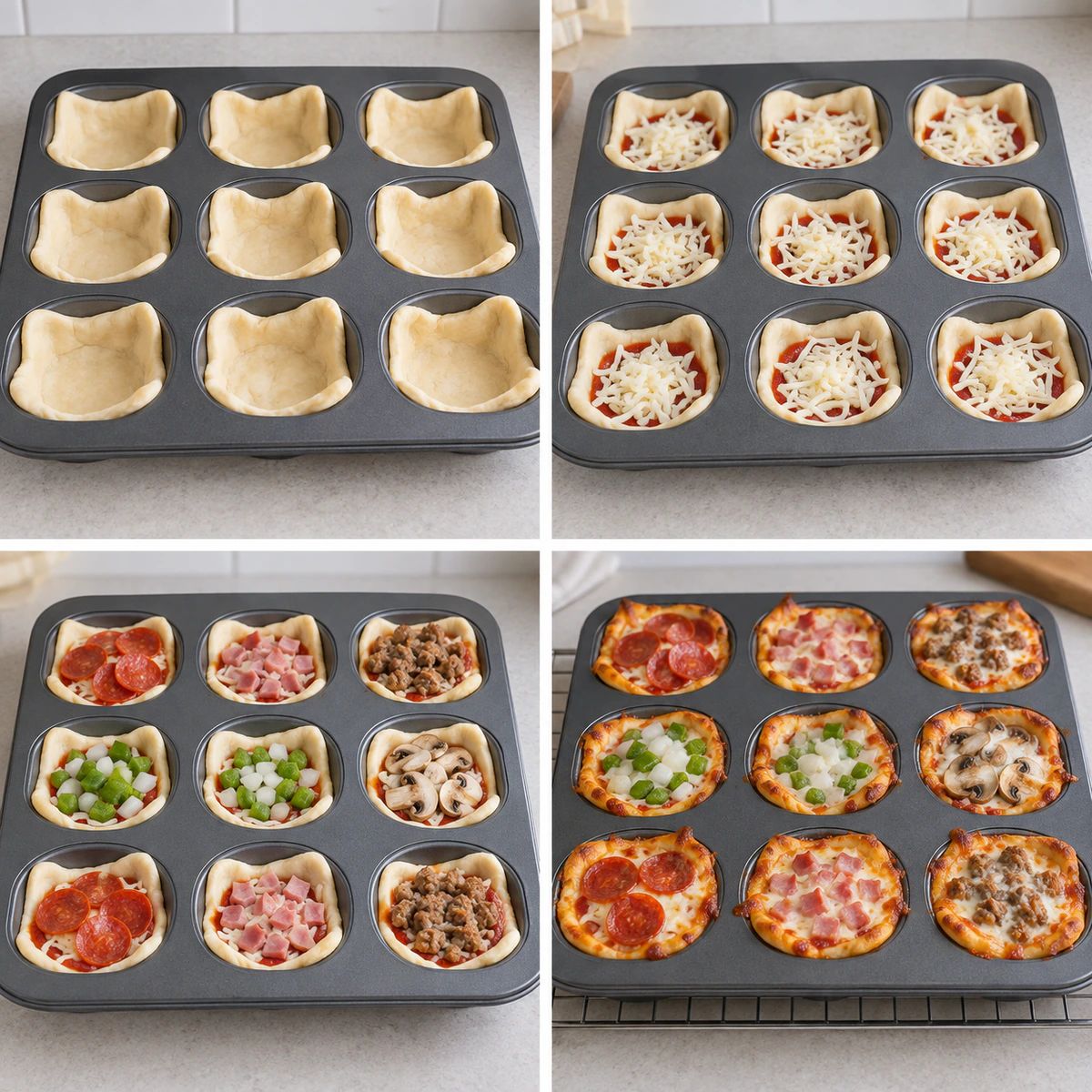 Four chronological preparation stages for Mini Pizza Bites