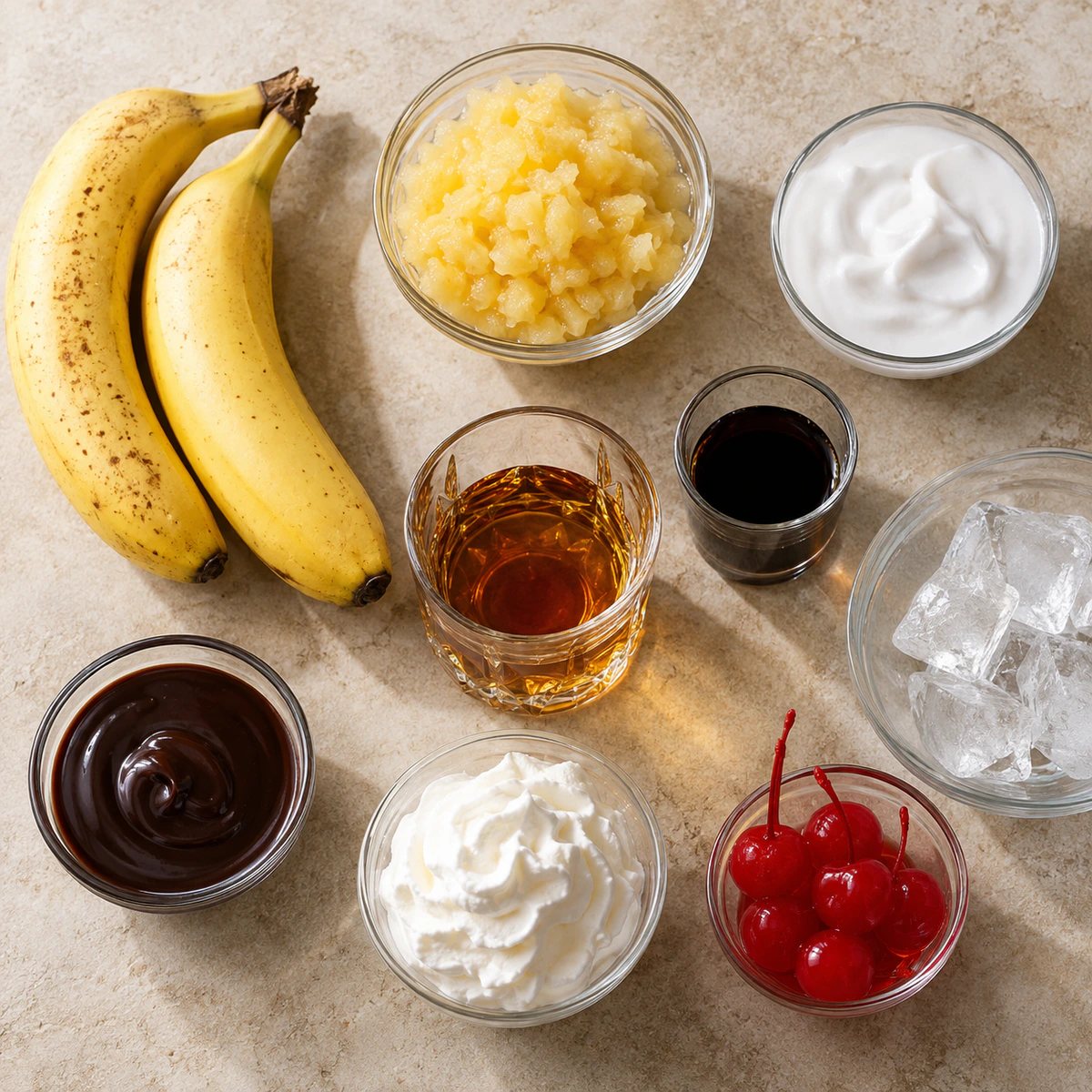 Exact measured ingredients for Tropical Dirty Monkey Cocktail with Rum and Bananas