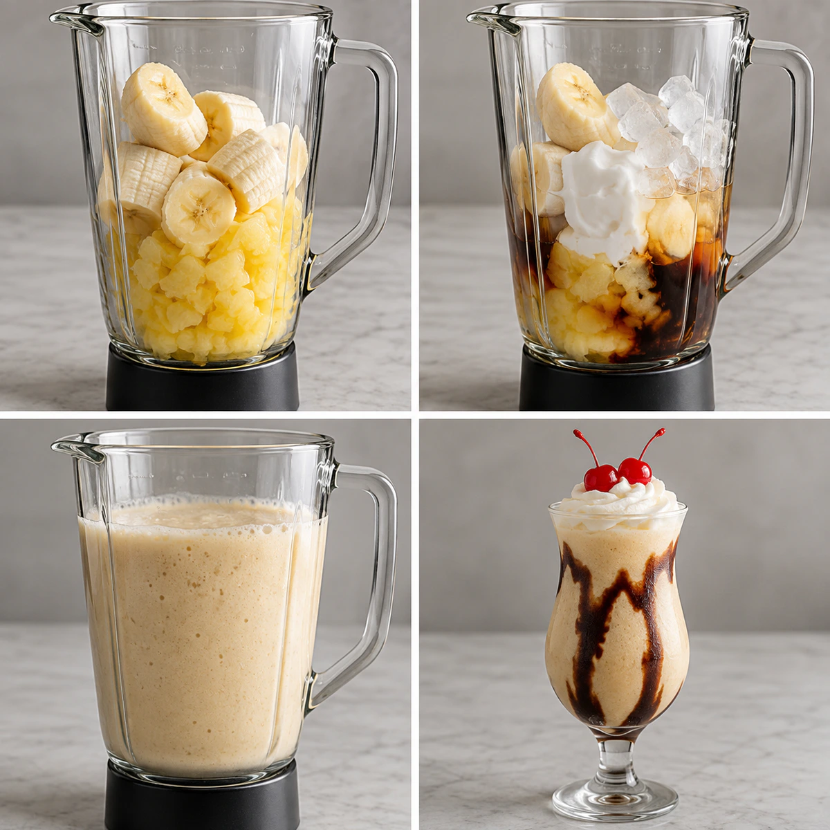 Four chronological preparation stages for Tropical Dirty Monkey Cocktail with Rum and Bananas