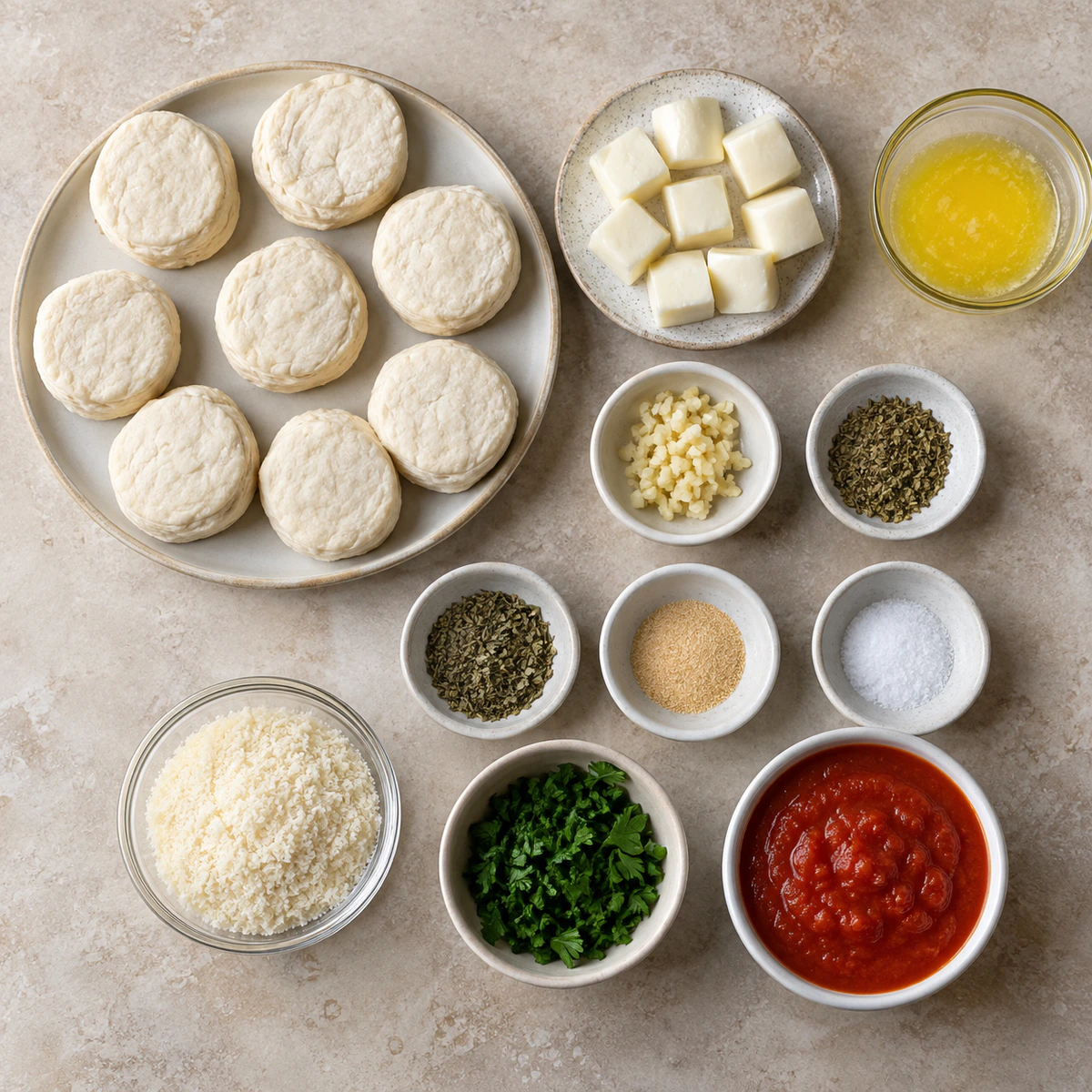 Exact measured ingredients for Cheesy Stuffed Biscuit Bites
