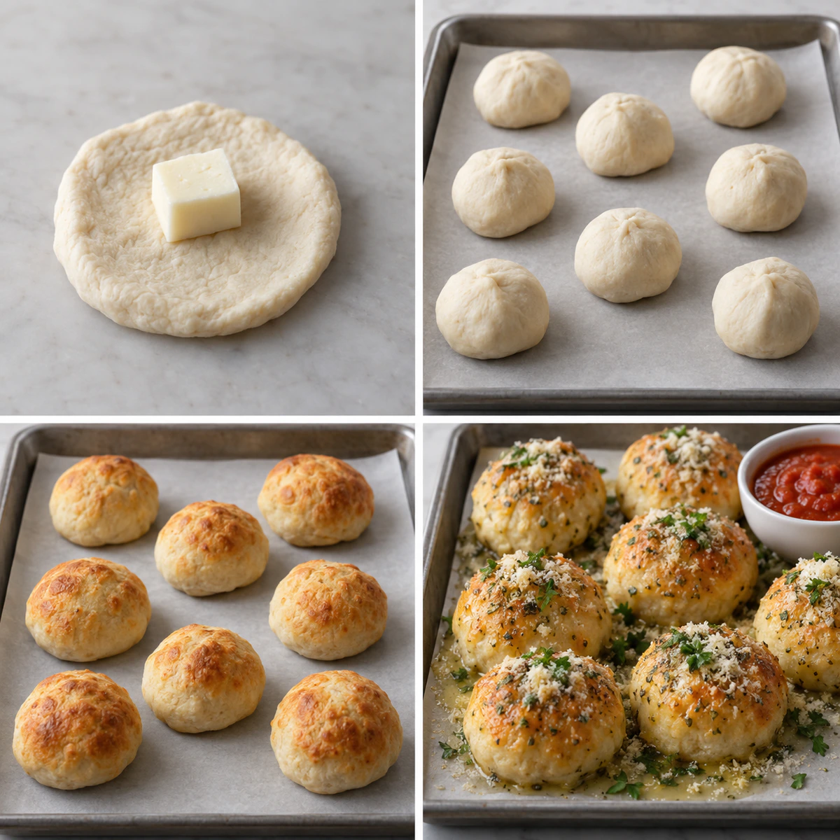 Four chronological preparation stages for Cheesy Stuffed Biscuit Bites
