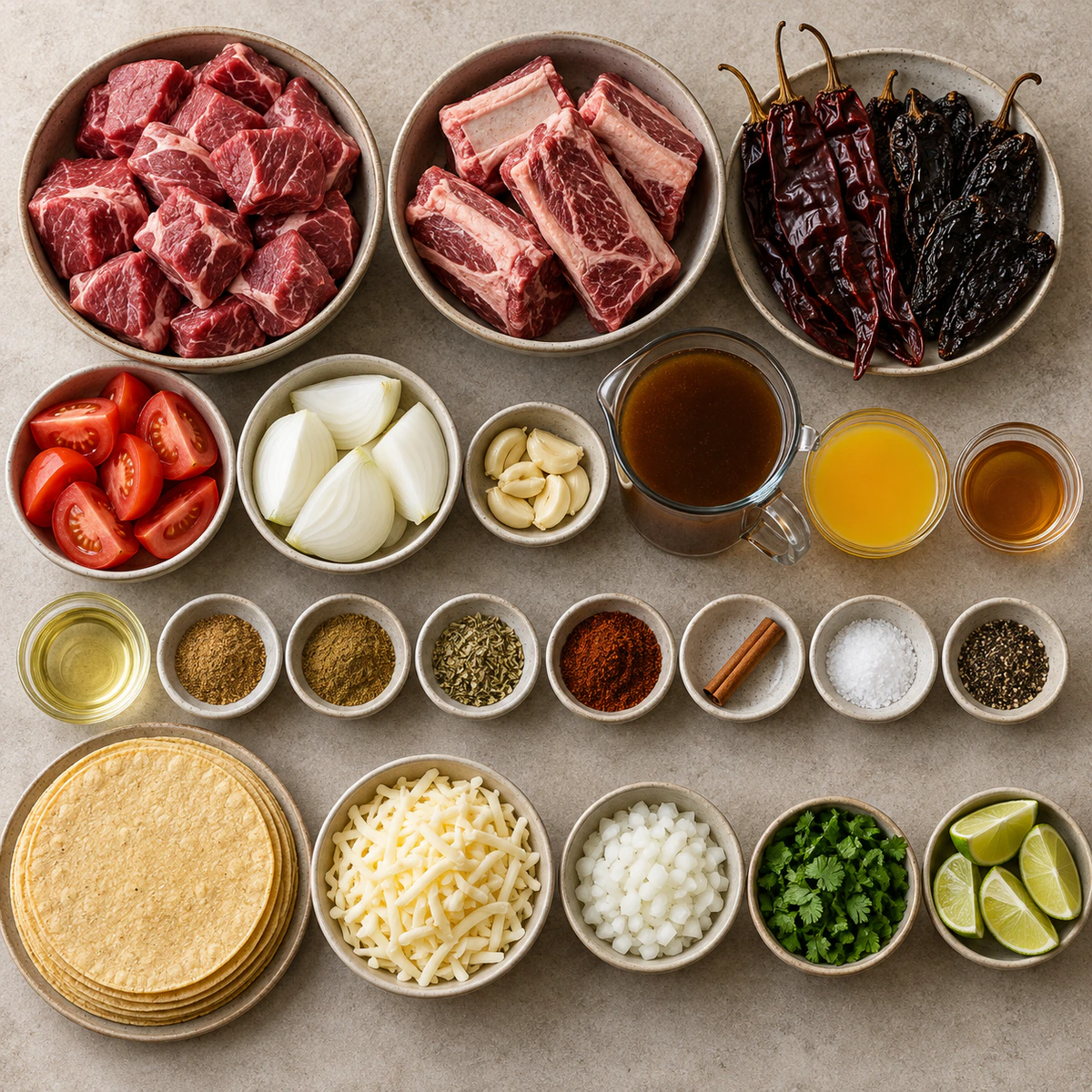 Exact measured ingredients for Mexican Birria Tacos: Crispy, Cheesy, and Packed with Tender Beef