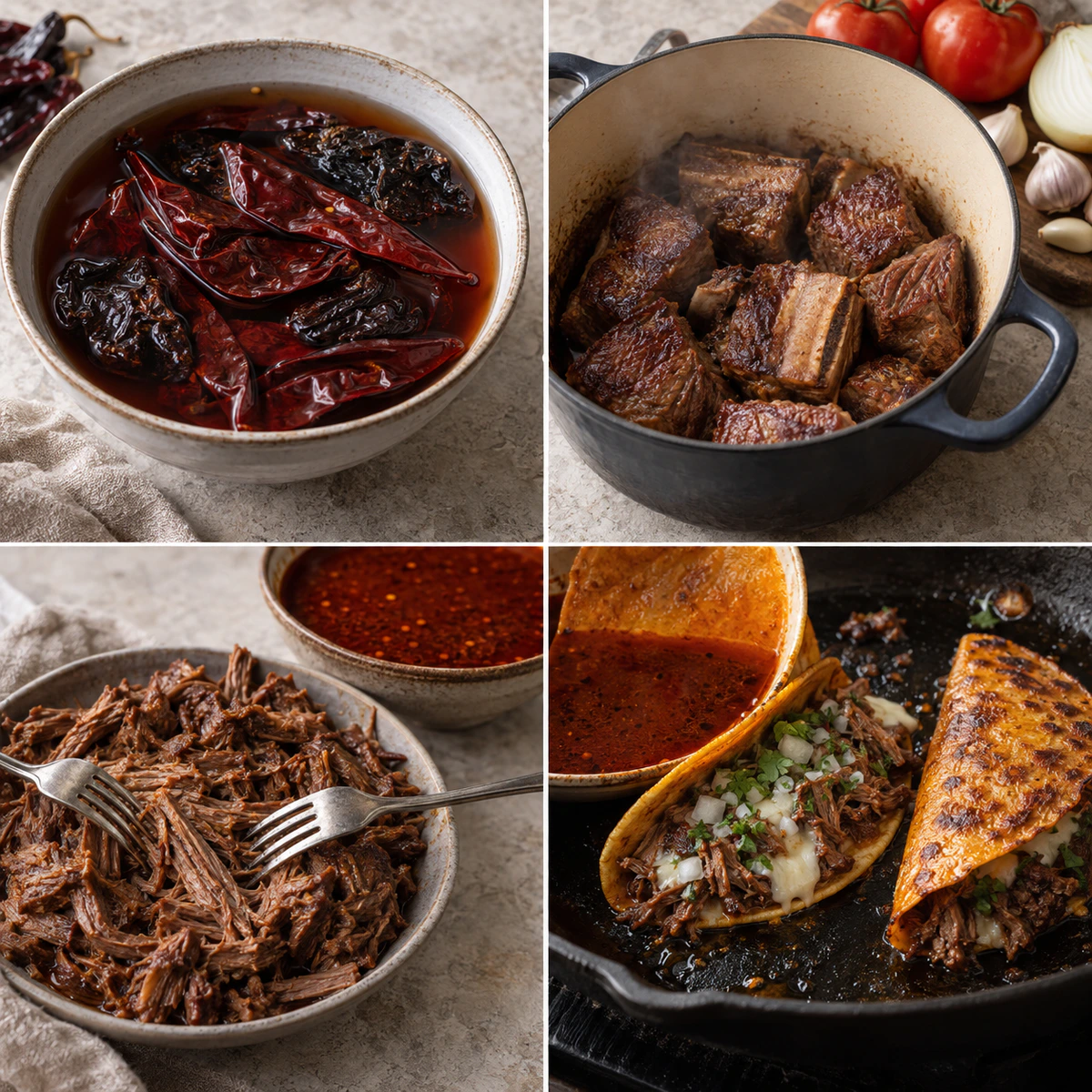 Four chronological preparation stages for Mexican Birria Tacos: Crispy, Cheesy, and Packed with Tender Beef
