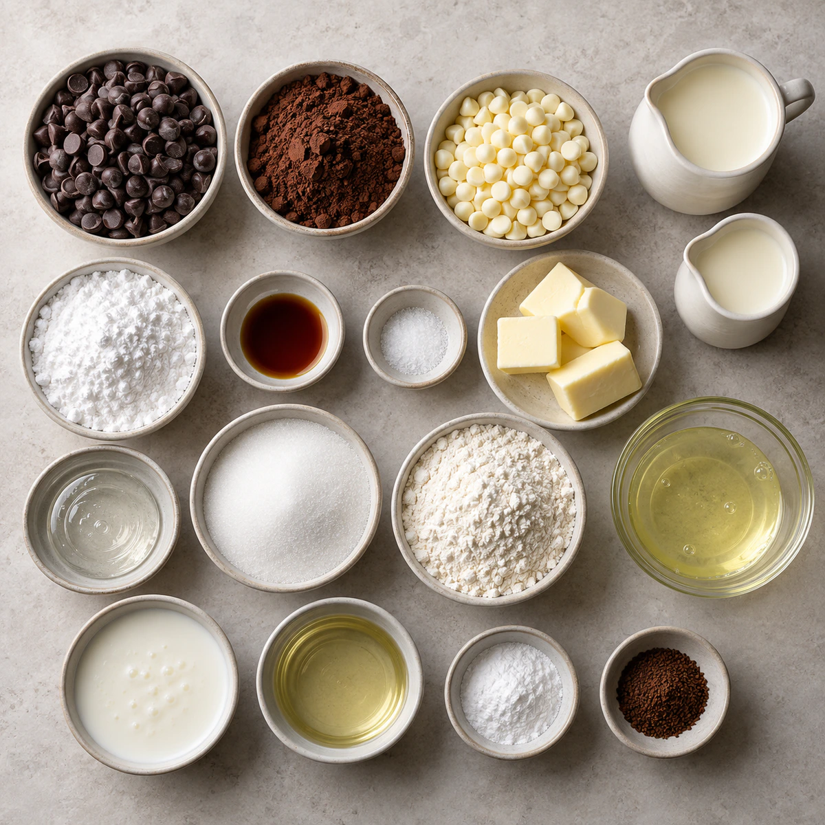 Exact measured ingredients for Rich Chocolate Tuxedo Cake with Dark and White Chocolate Mousse