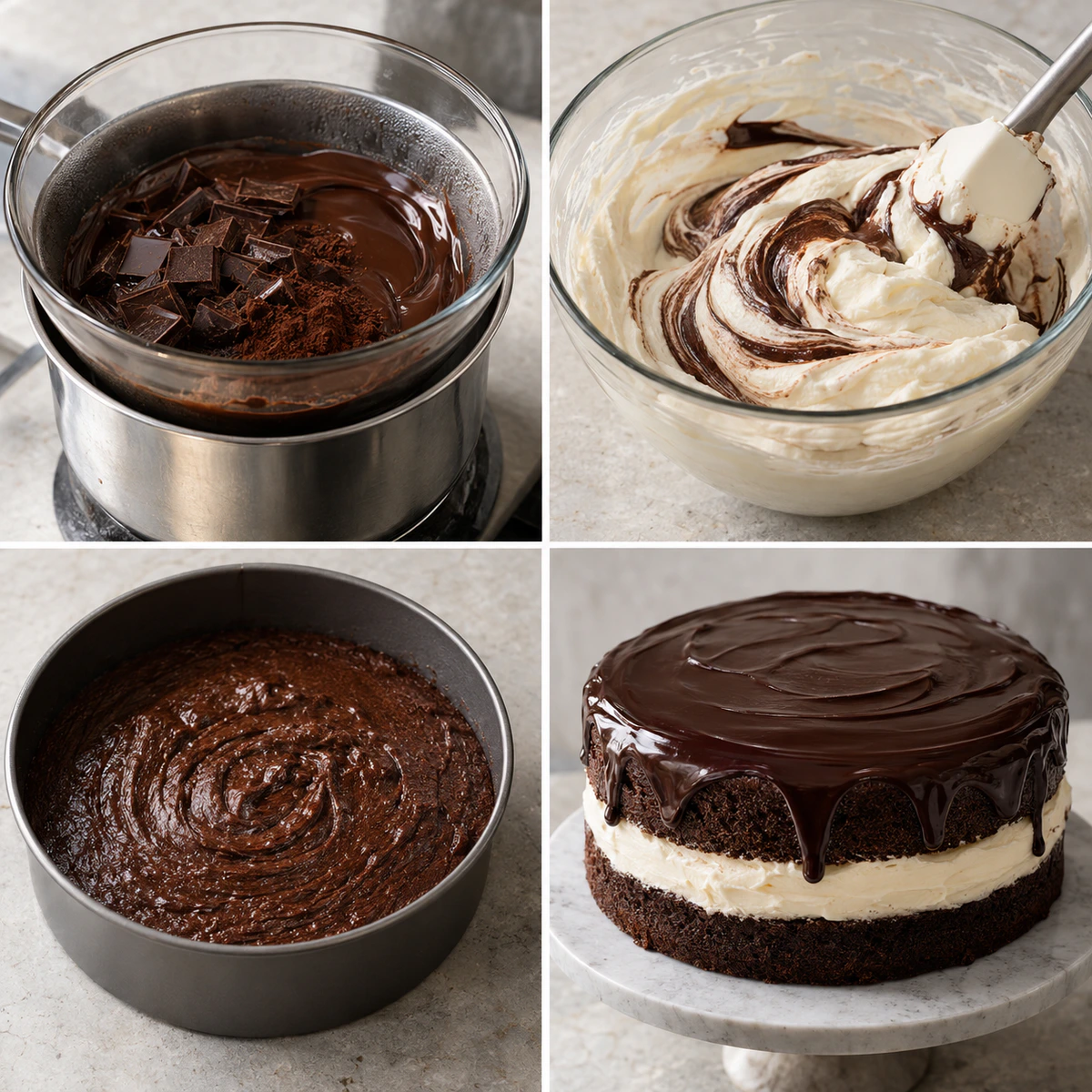 Four chronological preparation stages for Rich Chocolate Tuxedo Cake with Dark and White Chocolate Mousse