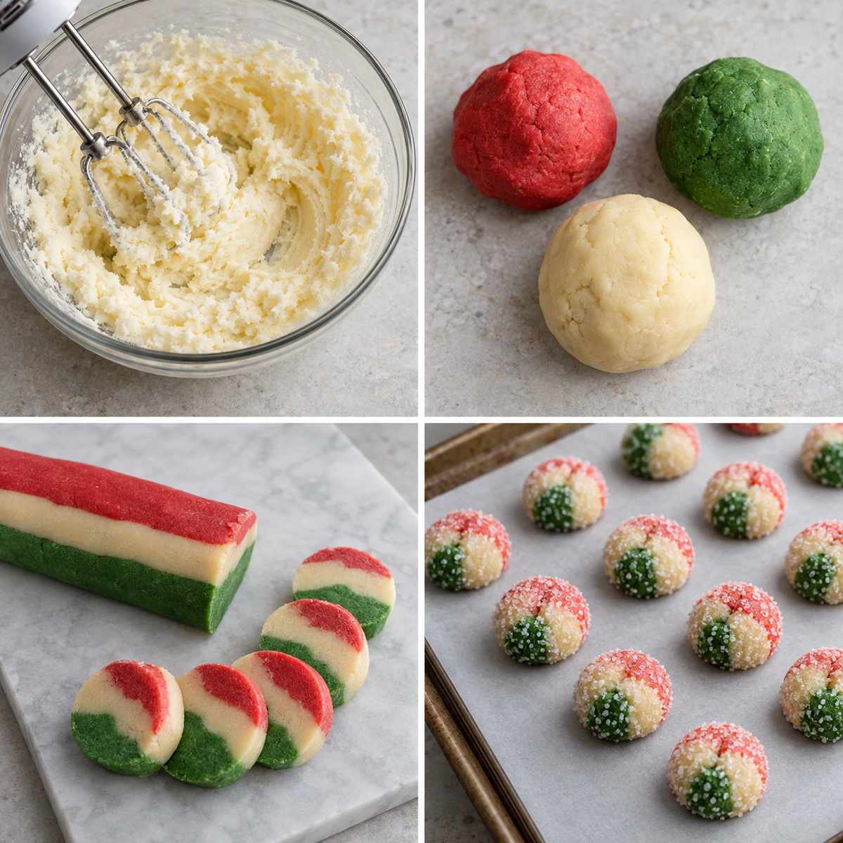 Four chronological preparation stages for Tri-Color Holiday Treats