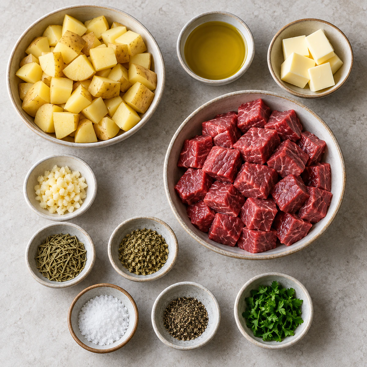 Exact measured ingredients for Garlic Butter Steak Bites and Potatoes - Quick and Delicious