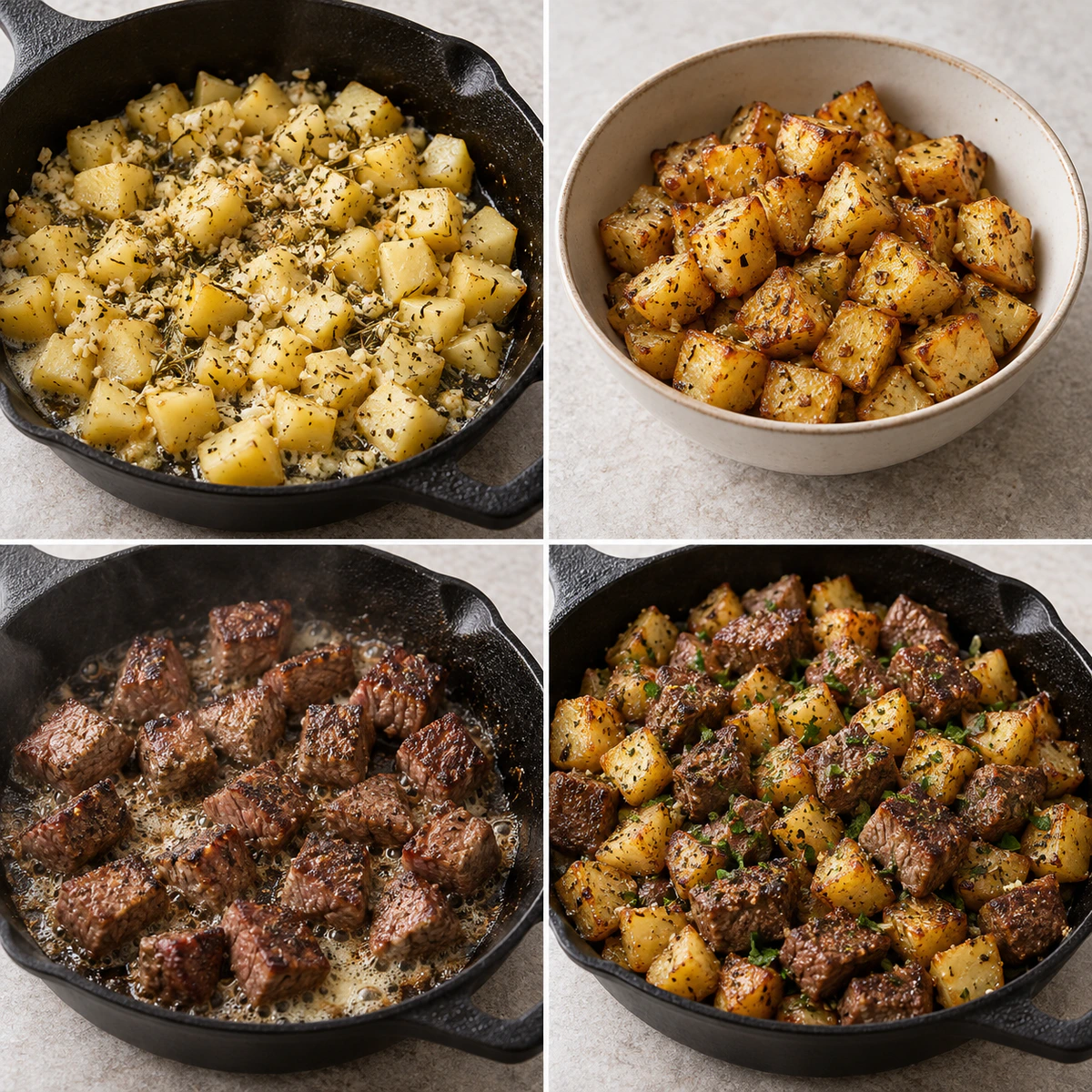 Four chronological preparation stages for Garlic Butter Steak Bites and Potatoes - Quick and Delicious