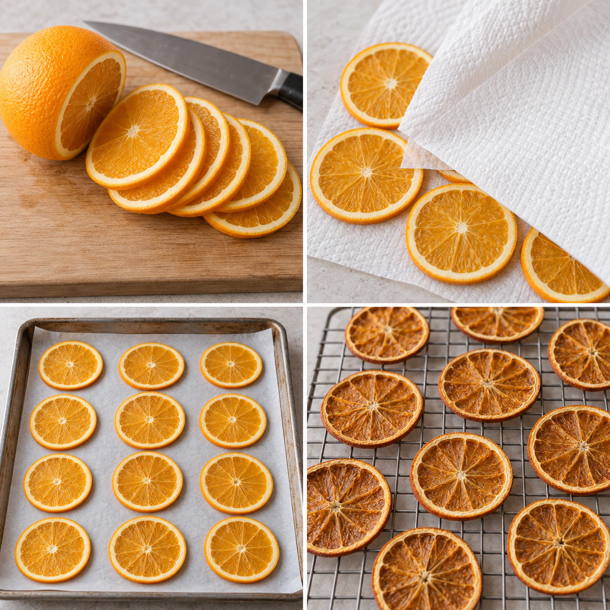 Four chronological preparation stages for Dried Orange Slices - Perfect for Decorations and Garnishes