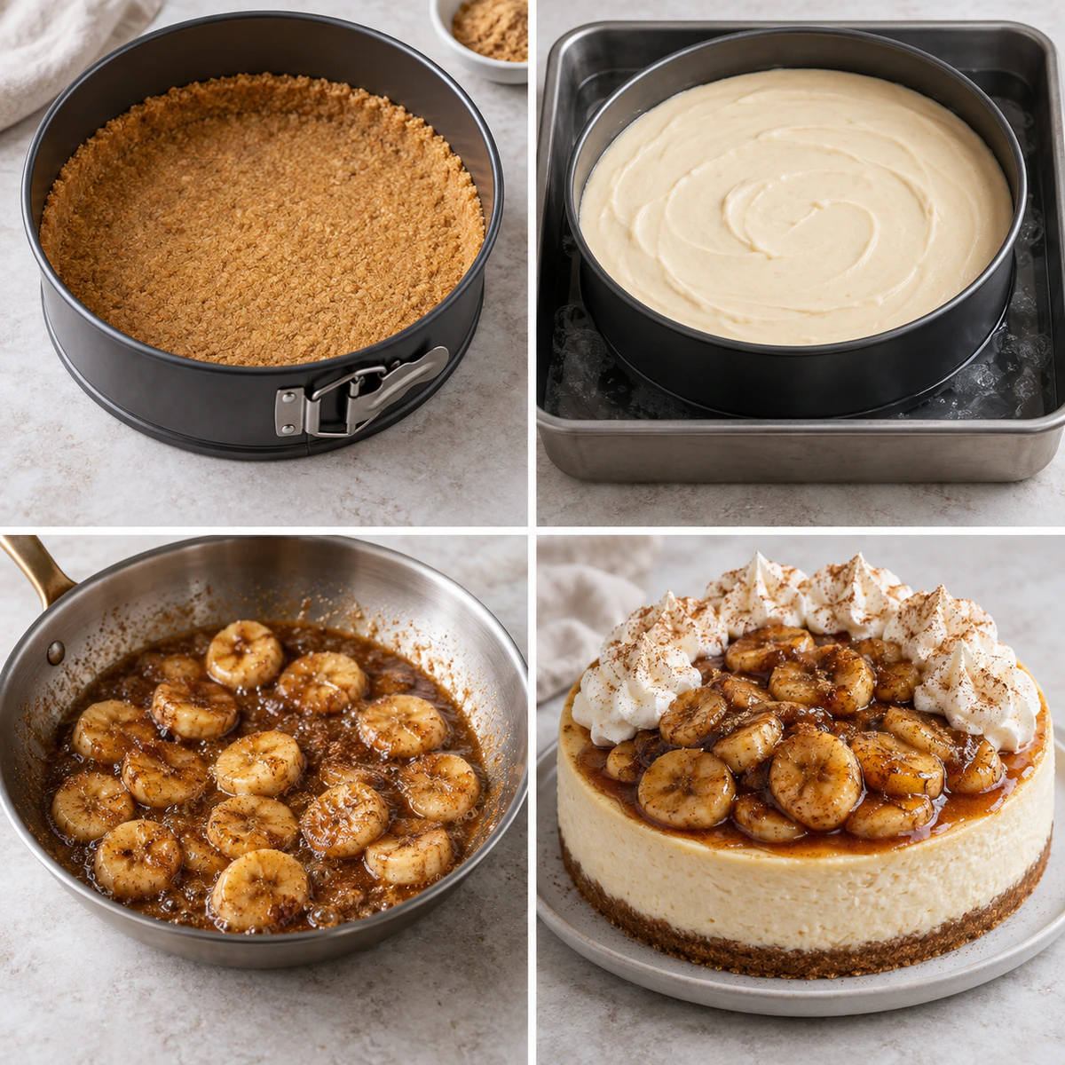 Four chronological preparation stages for Rich Banana Cheesecake