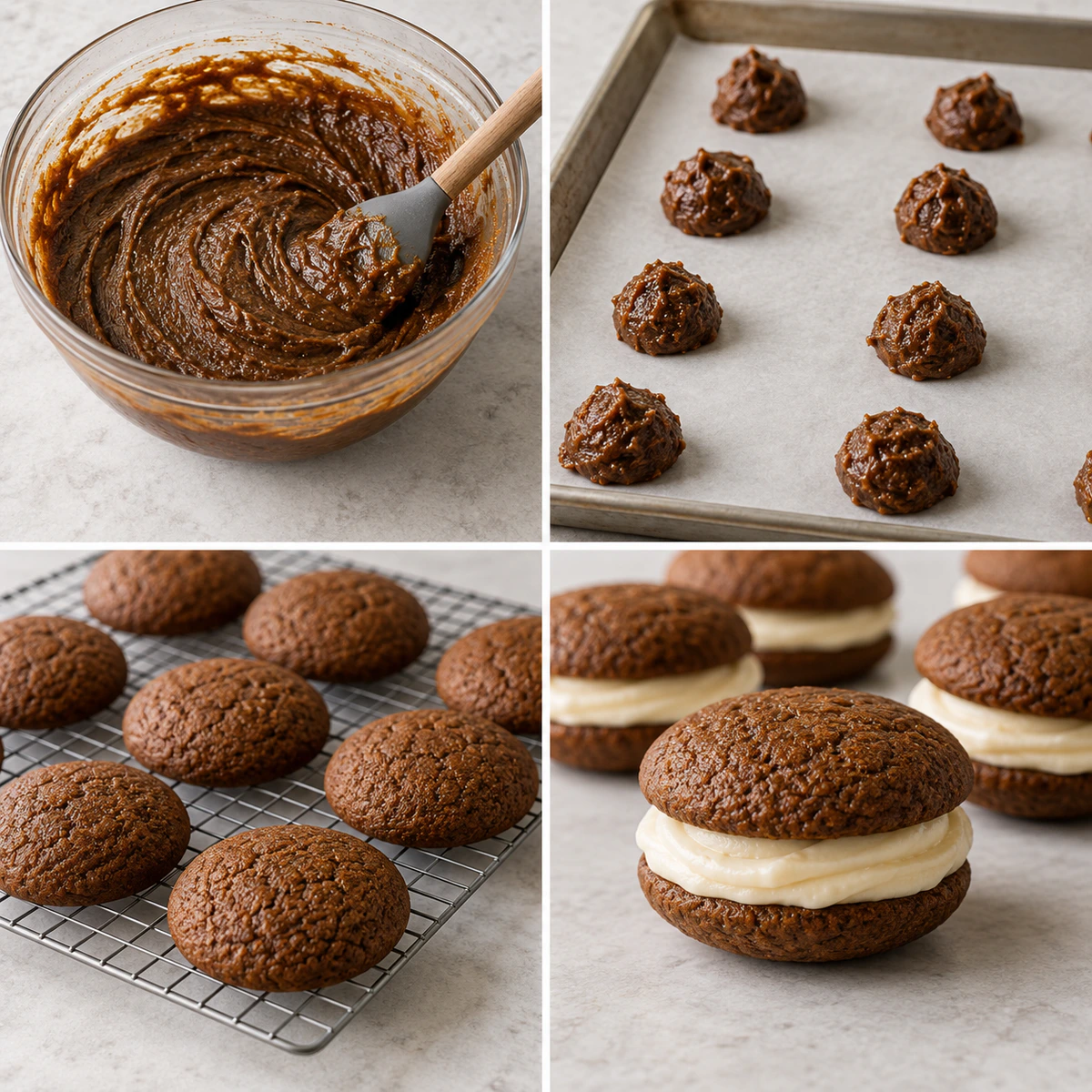 Four chronological preparation stages for Cookie Sandwich Cakes