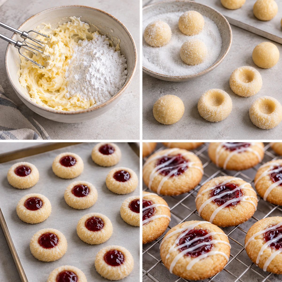 Four chronological preparation stages for Sweet Jam Cookies
