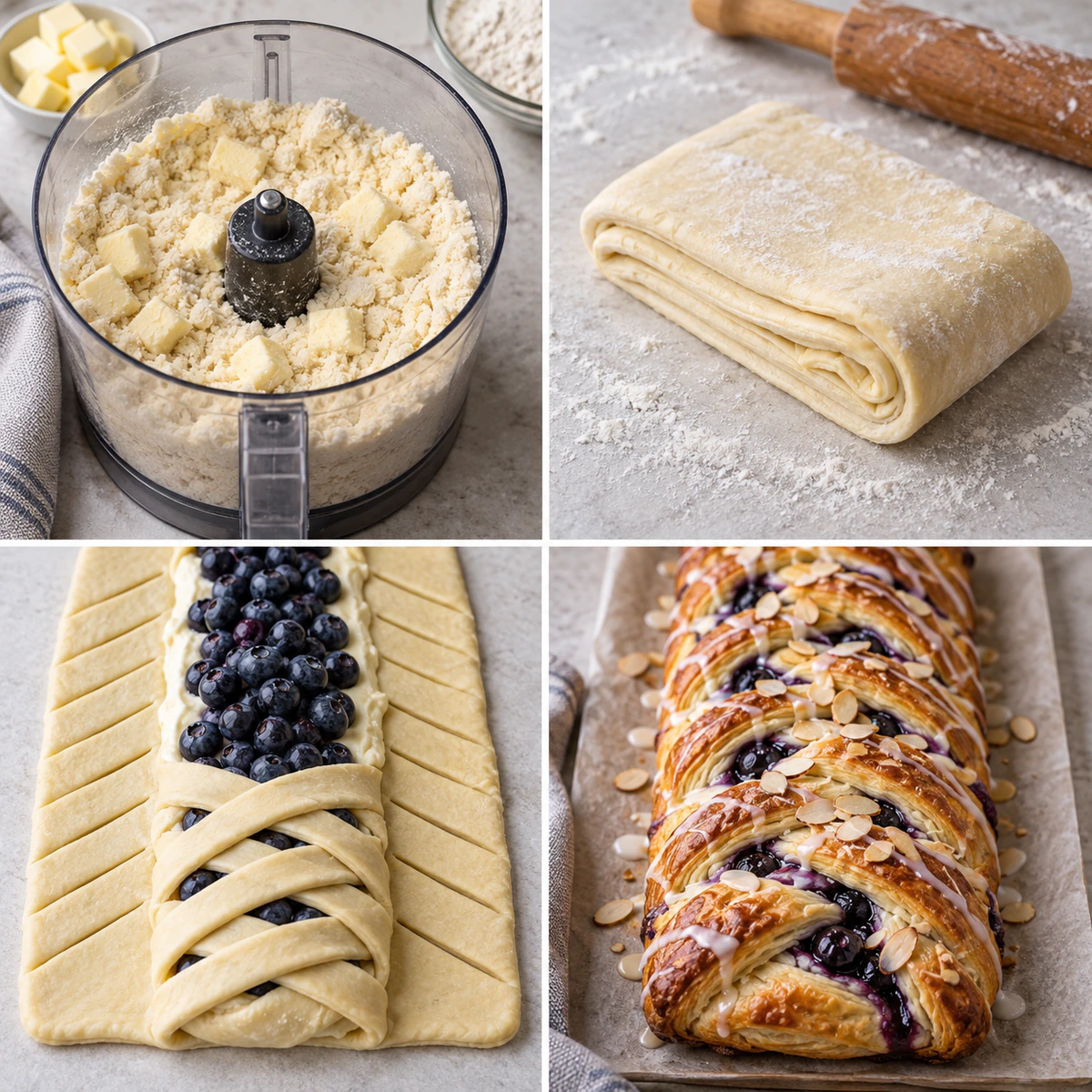 Four chronological preparation stages for Danish Pastry Braid