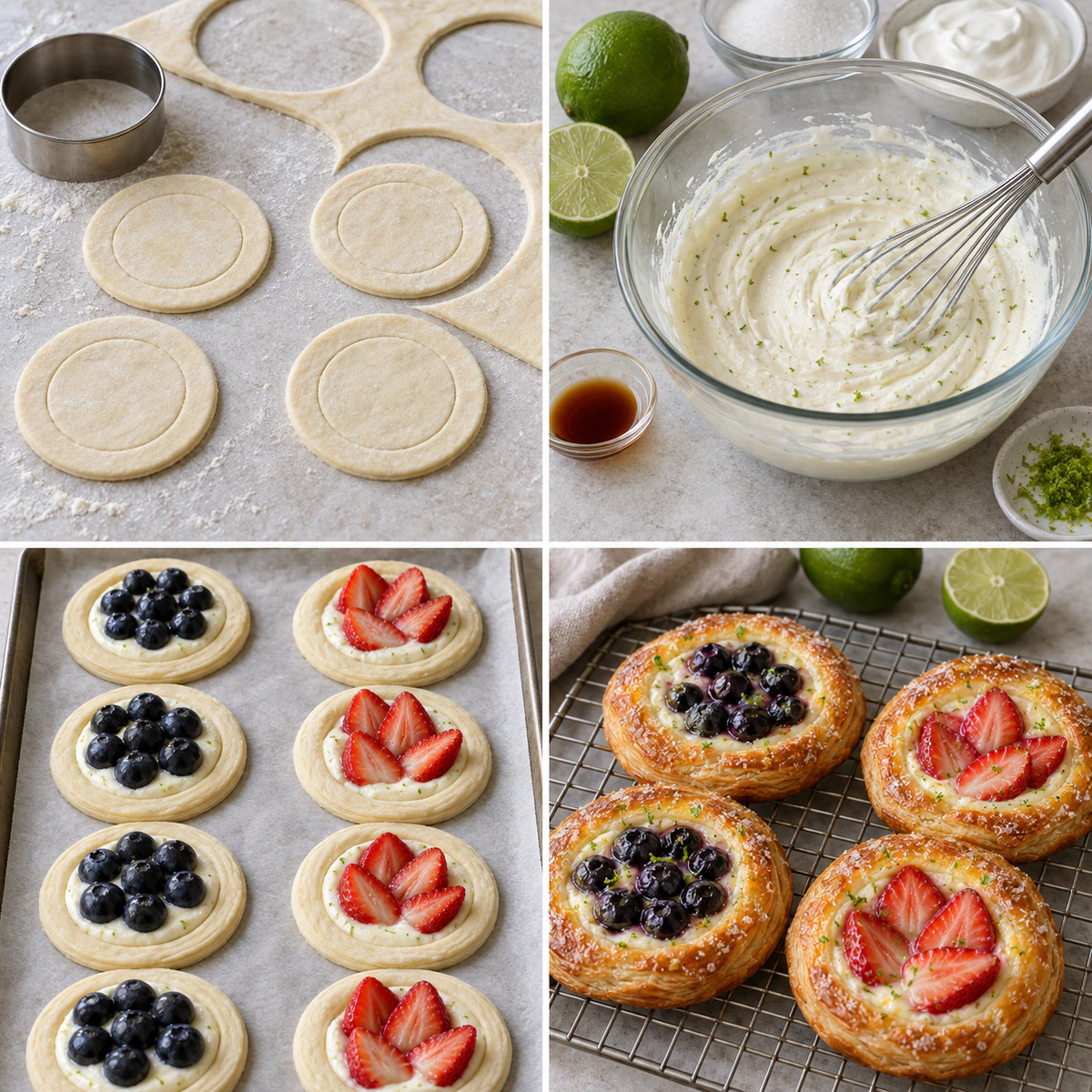 Four chronological preparation stages for Easy Fruit Danish