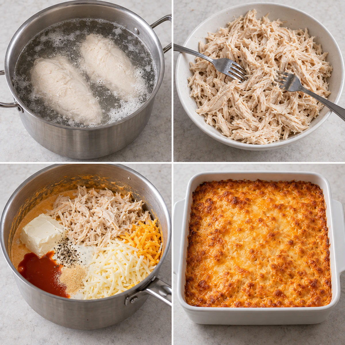 Four chronological preparation stages for Easy Buffalo Chicken Dip for Game Day