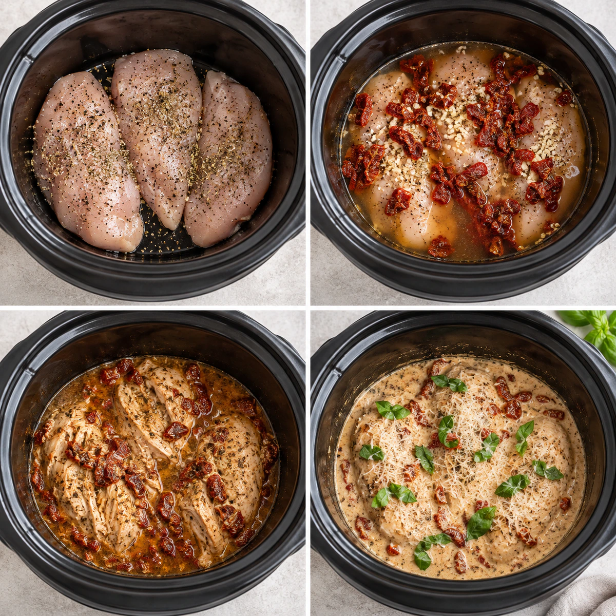 Four chronological preparation stages for Easy Slow Cooker Meal